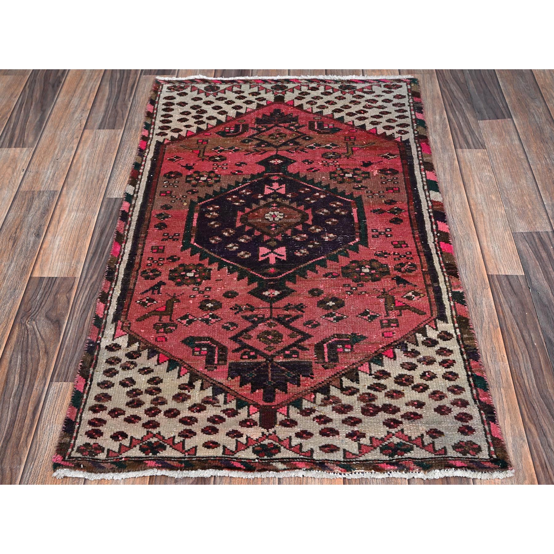 2'3"x3'7" Rose Pink, Overdyed Vintage Persian Hamadan with Geometric Pattern, Small Animal Figurines, Hand Knotted, 100% Wool, Abrash, Sheared Low, Zero Pile, Sides and Ends Professionally Secured, Clean, Mat, Oriental Rug Sh979