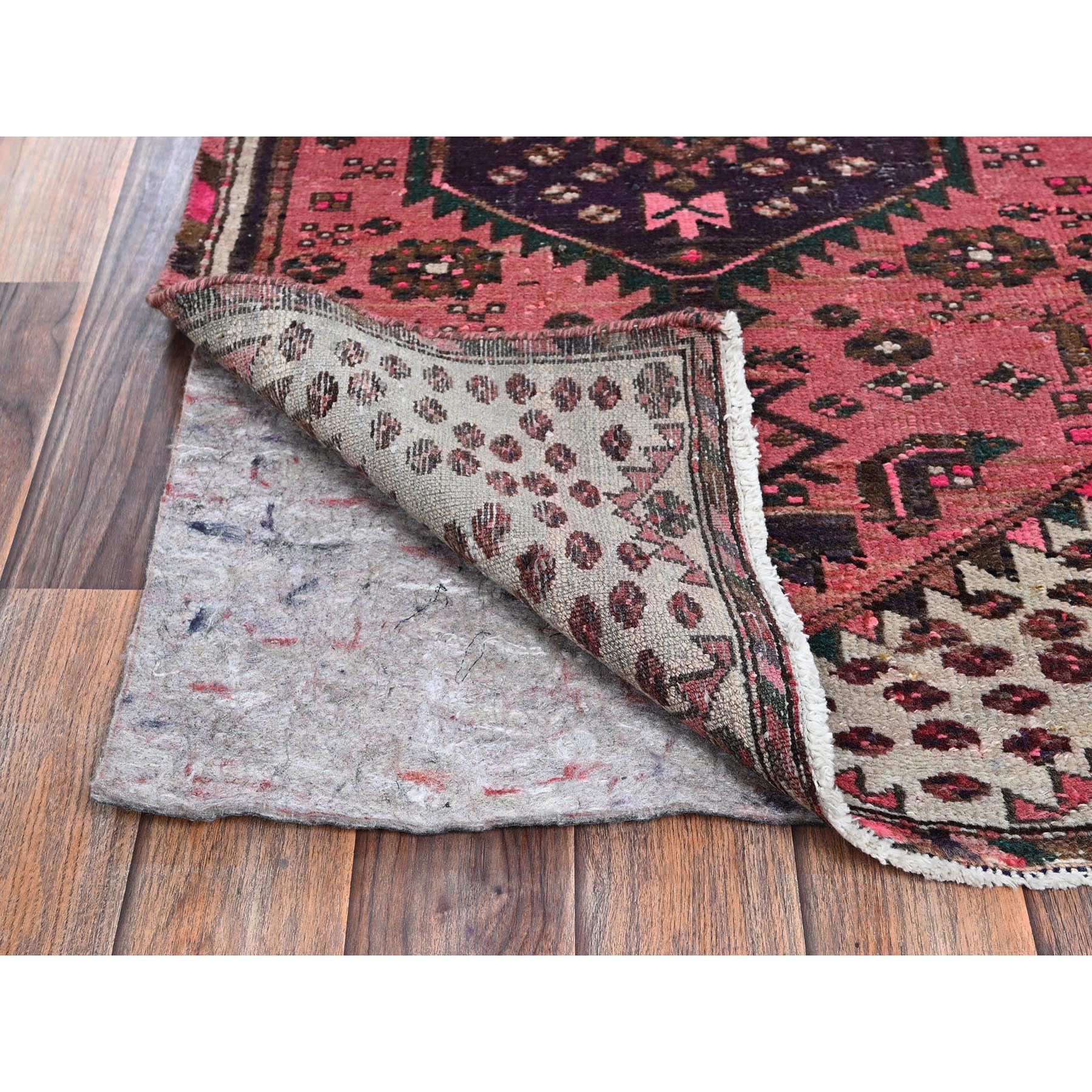 2'3"x3'7" Rose Pink, Overdyed Vintage Persian Hamadan with Geometric Pattern, Small Animal Figurines, Hand Knotted, 100% Wool, Abrash, Sheared Low, Zero Pile, Sides and Ends Professionally Secured, Clean, Mat, Oriental Rug Sh979