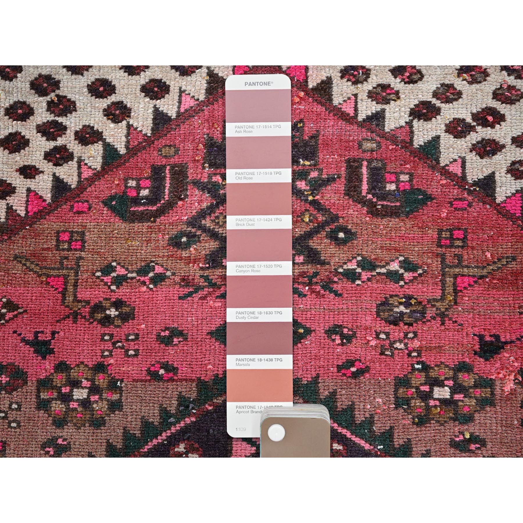 2'3"x3'7" Rose Pink, Overdyed Vintage Persian Hamadan with Geometric Pattern, Small Animal Figurines, Hand Knotted, 100% Wool, Abrash, Sheared Low, Zero Pile, Sides and Ends Professionally Secured, Clean, Mat, Oriental Rug Sh979