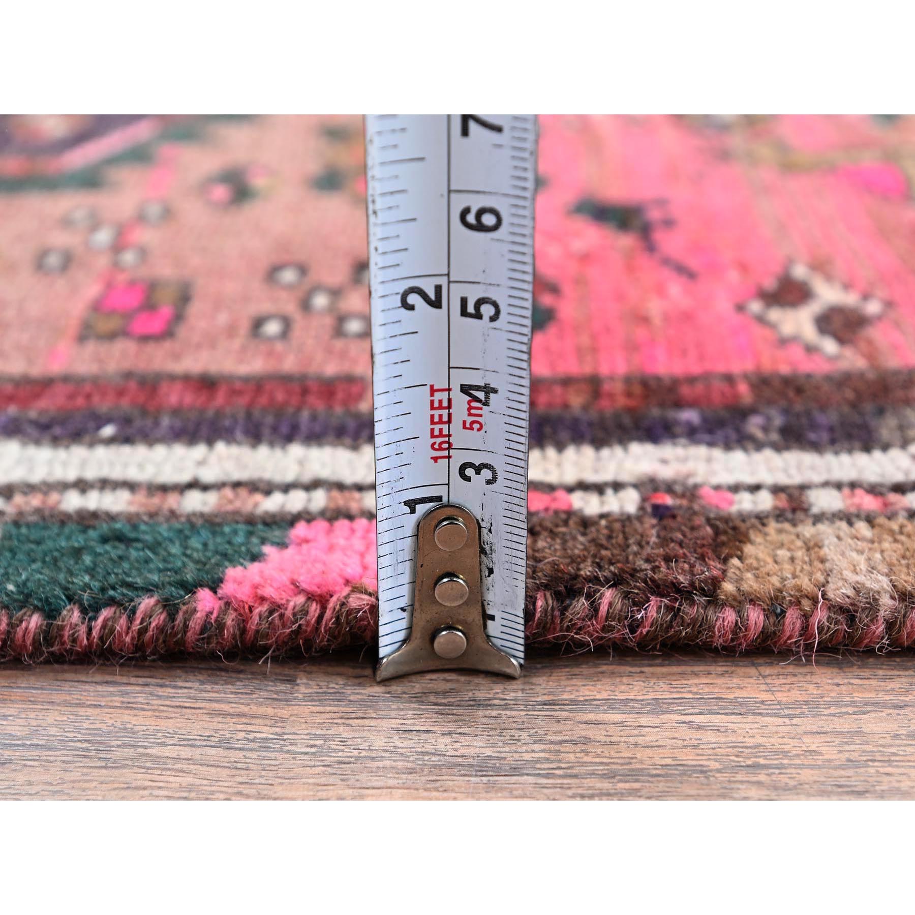 2'3"x3'7" Rose Pink, Overdyed Vintage Persian Hamadan with Geometric Pattern, Small Animal Figurines, Hand Knotted, 100% Wool, Abrash, Sheared Low, Zero Pile, Sides and Ends Professionally Secured, Clean, Mat, Oriental Rug Sh979