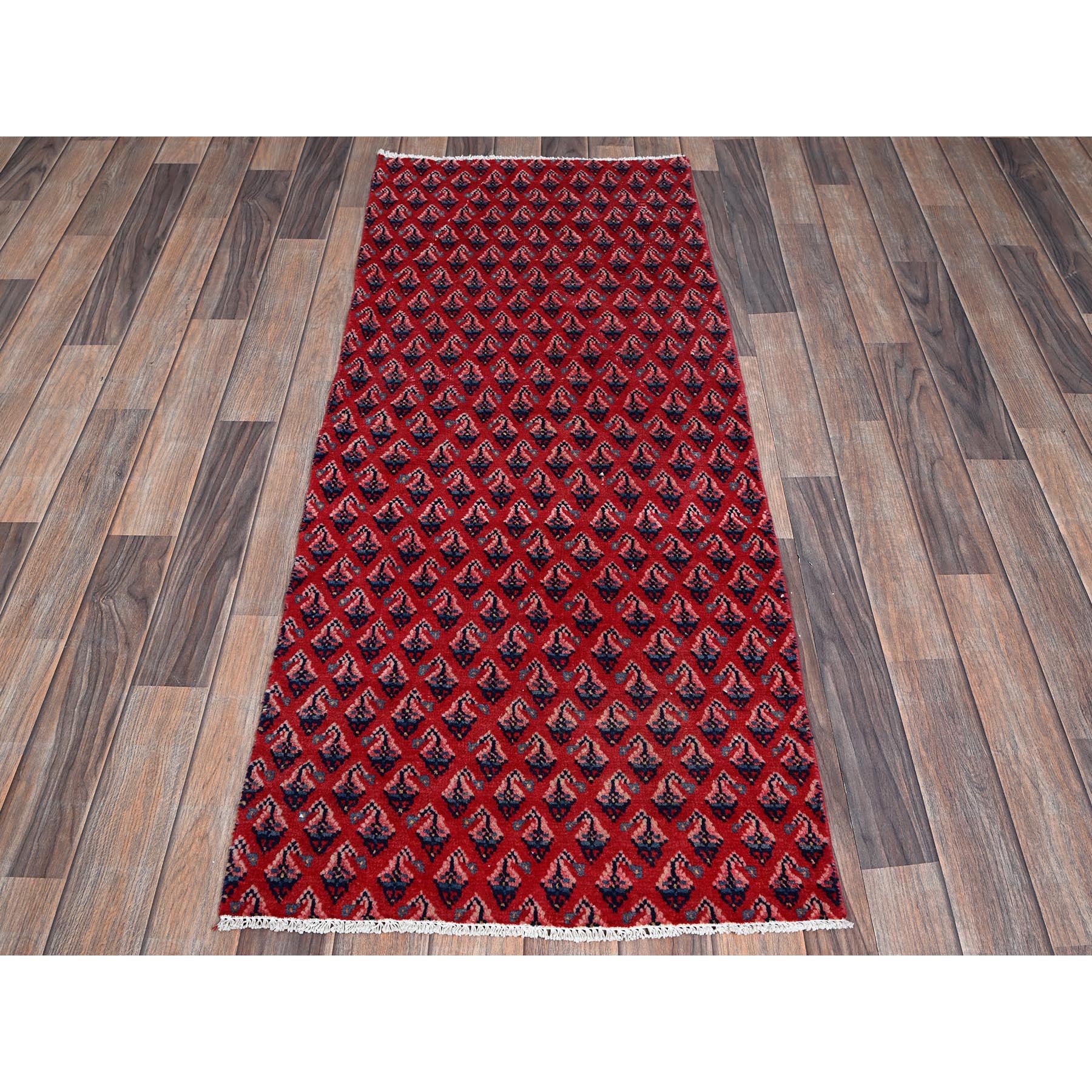 2'1"x5'1" Ajax Red, Vintage Persian Tabriz with Repetitive and Intricate Boteh Design, Shaved Down, Zero Pile, Sides and Ends Professionally Secured, Clean, Hand Knotted, Pure Wool, Fragment, Short & Narrow Runner, Oriental Rug Sh981