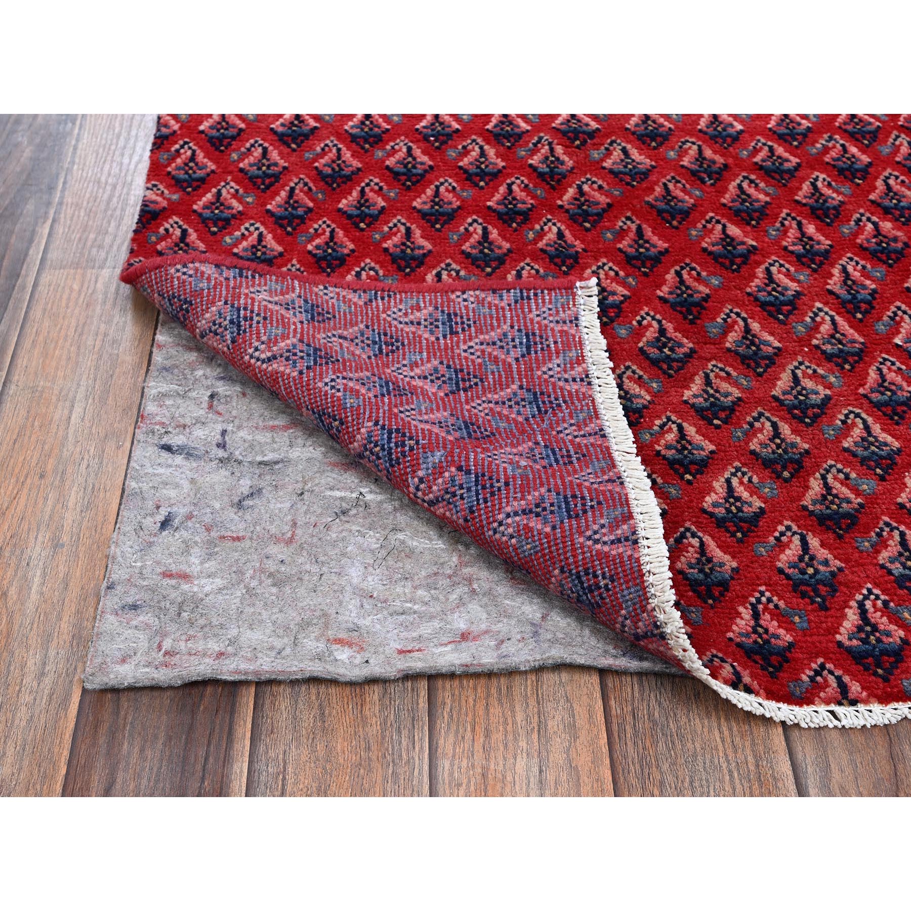 2'1"x5'1" Ajax Red, Vintage Persian Tabriz with Repetitive and Intricate Boteh Design, Shaved Down, Zero Pile, Sides and Ends Professionally Secured, Clean, Hand Knotted, Pure Wool, Fragment, Short & Narrow Runner, Oriental Rug Sh981