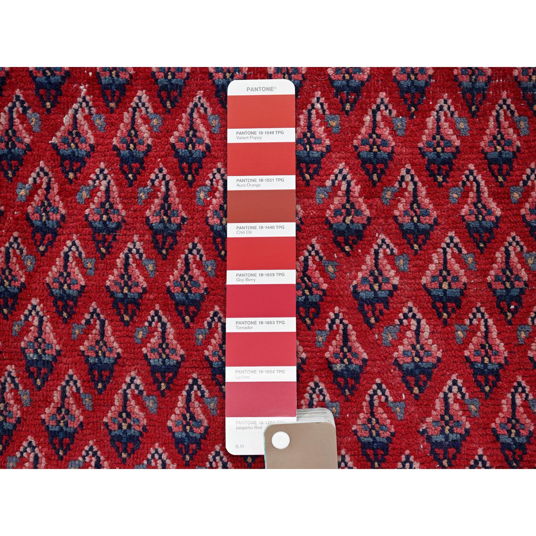2'1"x5'1" Ajax Red, Vintage Persian Tabriz with Repetitive and Intricate Boteh Design, Shaved Down, Zero Pile, Sides and Ends Professionally Secured, Clean, Hand Knotted, Pure Wool, Fragment, Short & Narrow Runner, Oriental Rug Sh981