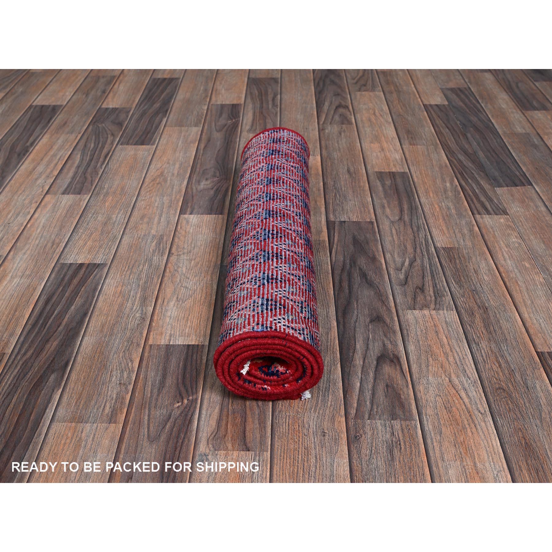 2'1"x5'1" Ajax Red, Vintage Persian Tabriz with Repetitive and Intricate Boteh Design, Shaved Down, Zero Pile, Sides and Ends Professionally Secured, Clean, Hand Knotted, Pure Wool, Fragment, Short & Narrow Runner, Oriental Rug Sh981