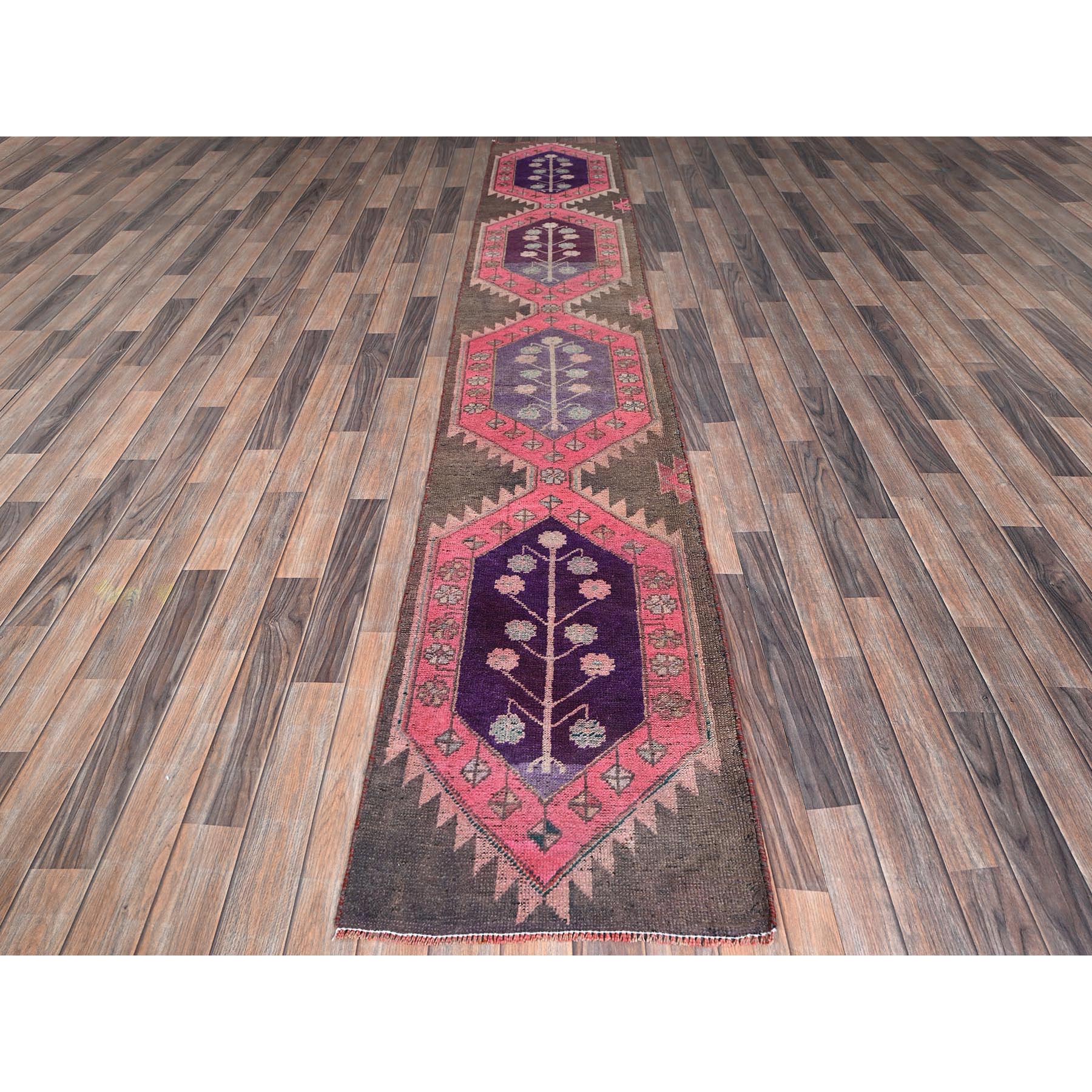 2'x11' Rouge Pink, Vintage Northwest Persian with Geometric Pattern, Shaved Low, Zero Pile, Evenly Worn, Sides and Ends Professionally Secured, Clean, Hand Knotted, Pure Wool, Narrow Runner, Oriental Rug Sh983