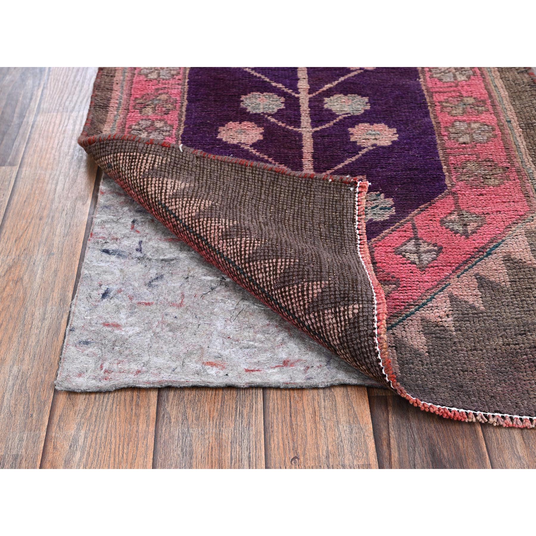 2'x11' Rouge Pink, Vintage Northwest Persian with Geometric Pattern, Shaved Low, Zero Pile, Evenly Worn, Sides and Ends Professionally Secured, Clean, Hand Knotted, Pure Wool, Narrow Runner, Oriental Rug Sh983