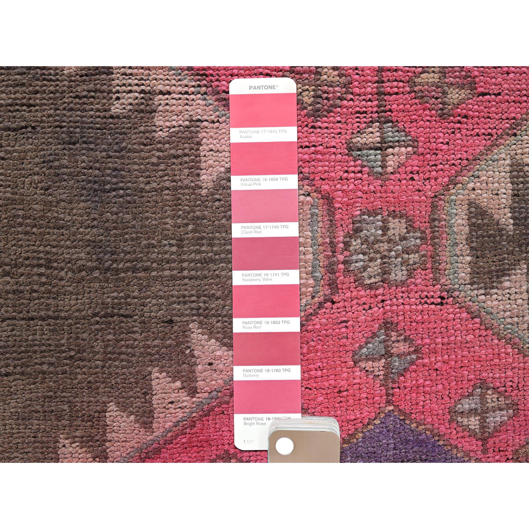 2'x11' Rouge Pink, Vintage Northwest Persian with Geometric Pattern, Shaved Low, Zero Pile, Evenly Worn, Sides and Ends Professionally Secured, Clean, Hand Knotted, Pure Wool, Narrow Runner, Oriental Rug Sh983