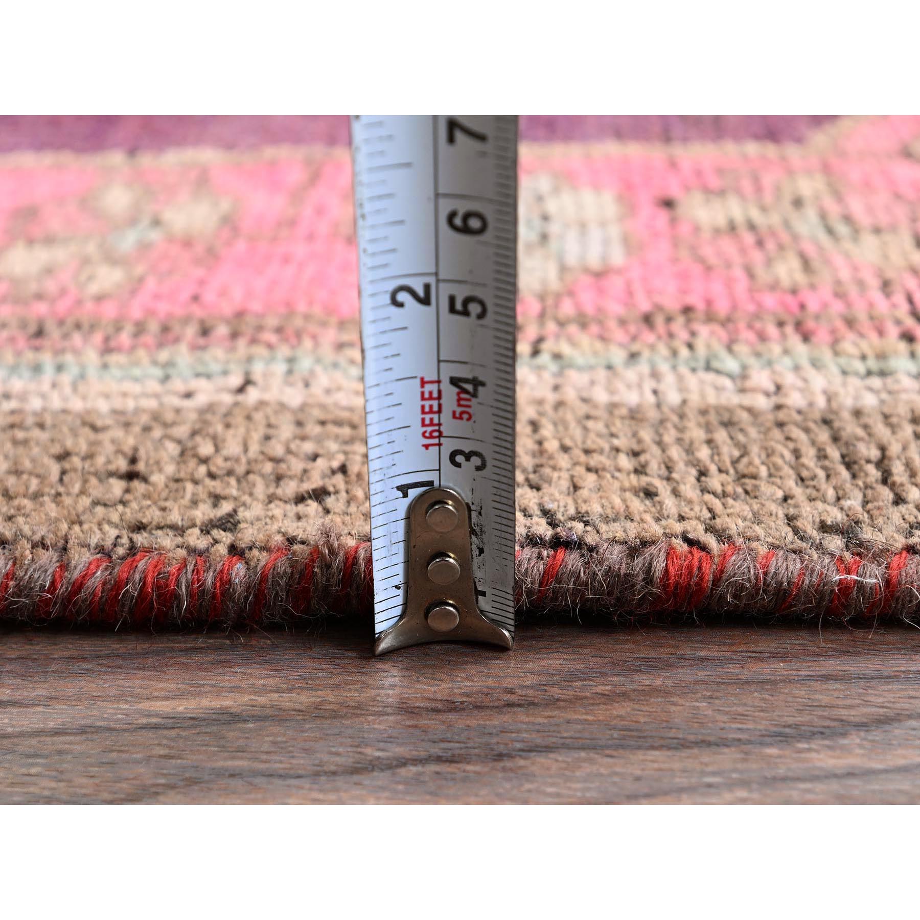 2'x11' Rouge Pink, Vintage Northwest Persian with Geometric Pattern, Shaved Low, Zero Pile, Evenly Worn, Sides and Ends Professionally Secured, Clean, Hand Knotted, Pure Wool, Narrow Runner, Oriental Rug Sh983