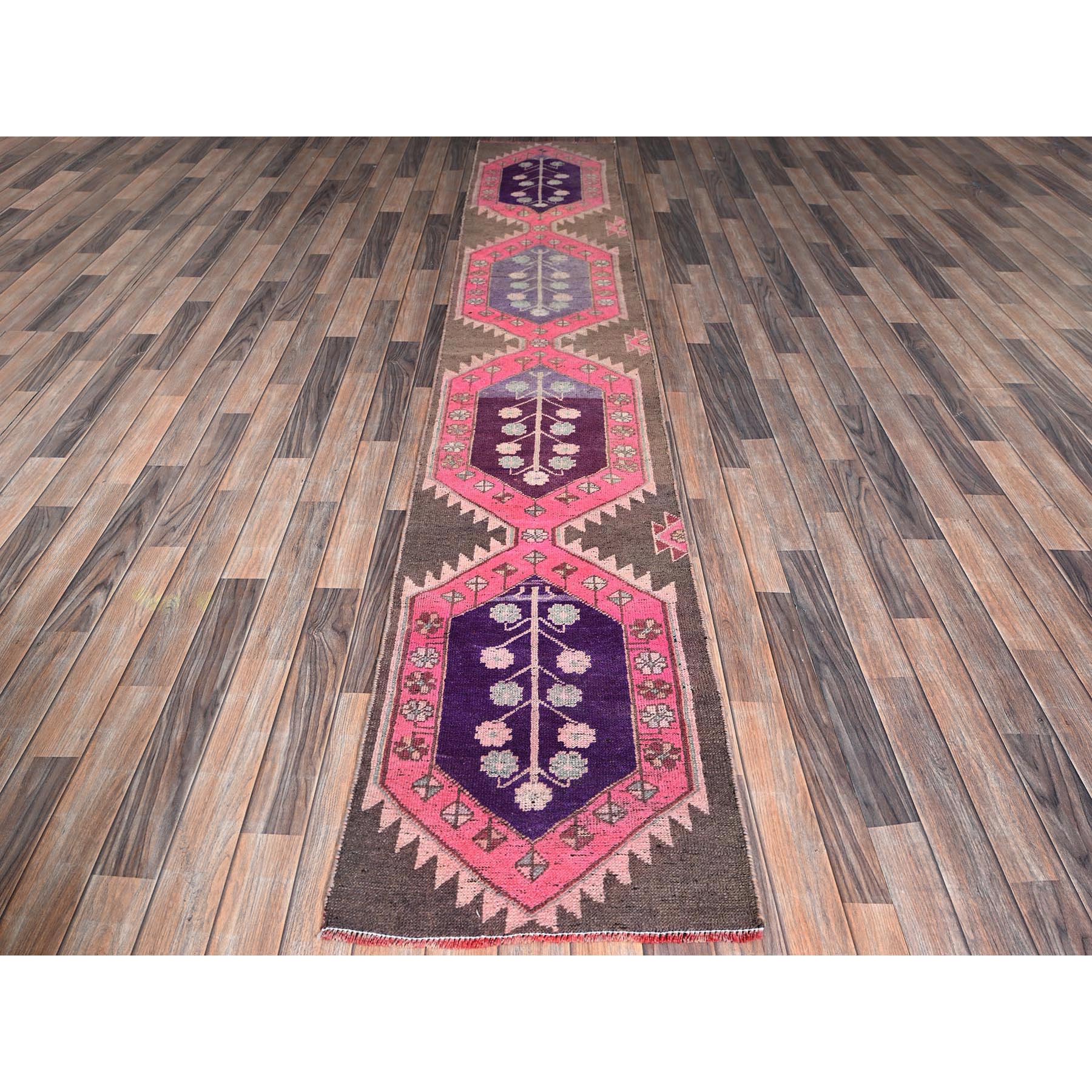 2'x11' Rose Pink, Vintage Northwest Persian with Geometric Pattern, Cropped Thin, Zero Pile, Even Wear, Sides and Ends Professionally Secured, Clean, Hand Knotted, Pure Wool, Narrow Runner, Oriental Rug Sh984