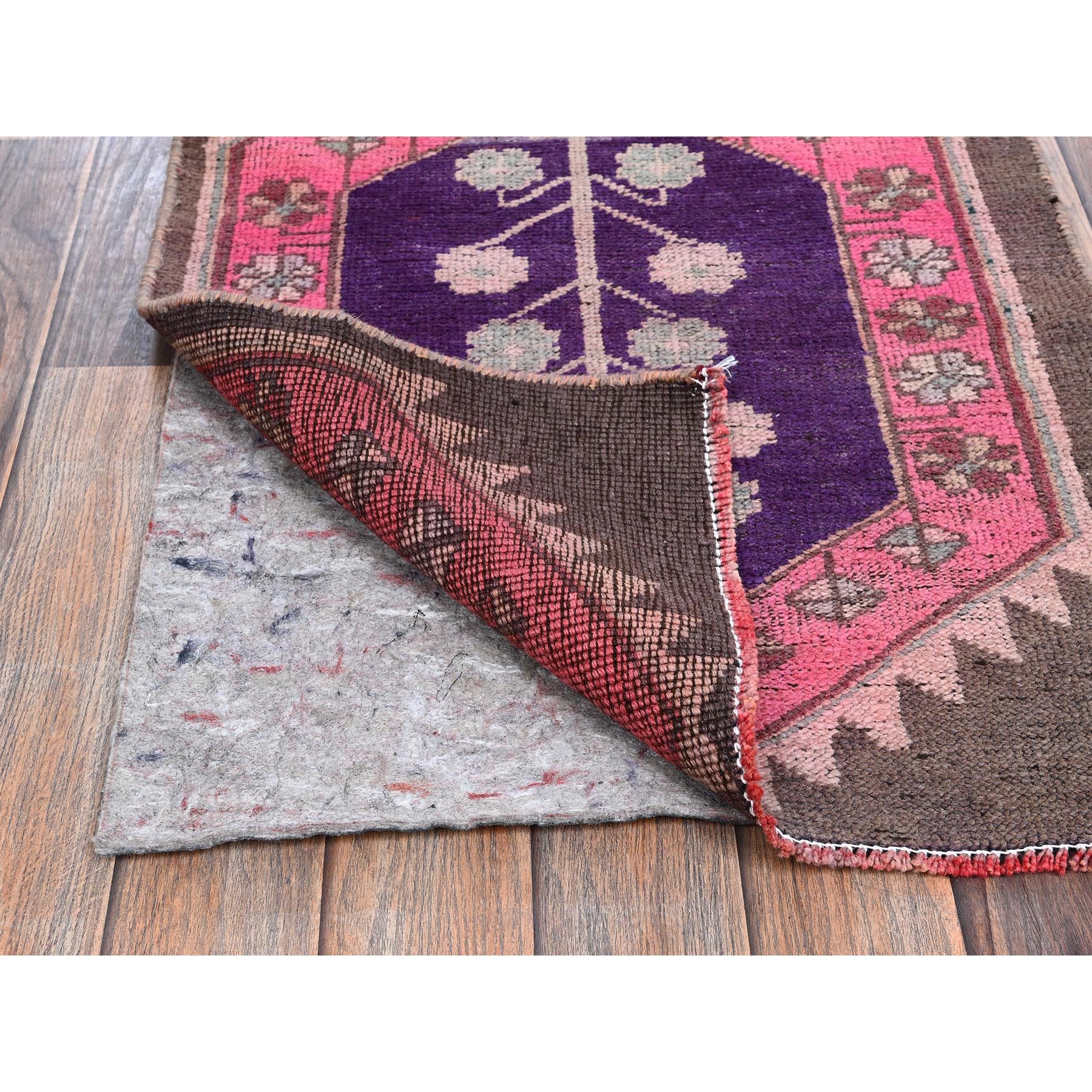 2'x11' Rose Pink, Vintage Northwest Persian with Geometric Pattern, Cropped Thin, Zero Pile, Even Wear, Sides and Ends Professionally Secured, Clean, Hand Knotted, Pure Wool, Narrow Runner, Oriental Rug Sh984