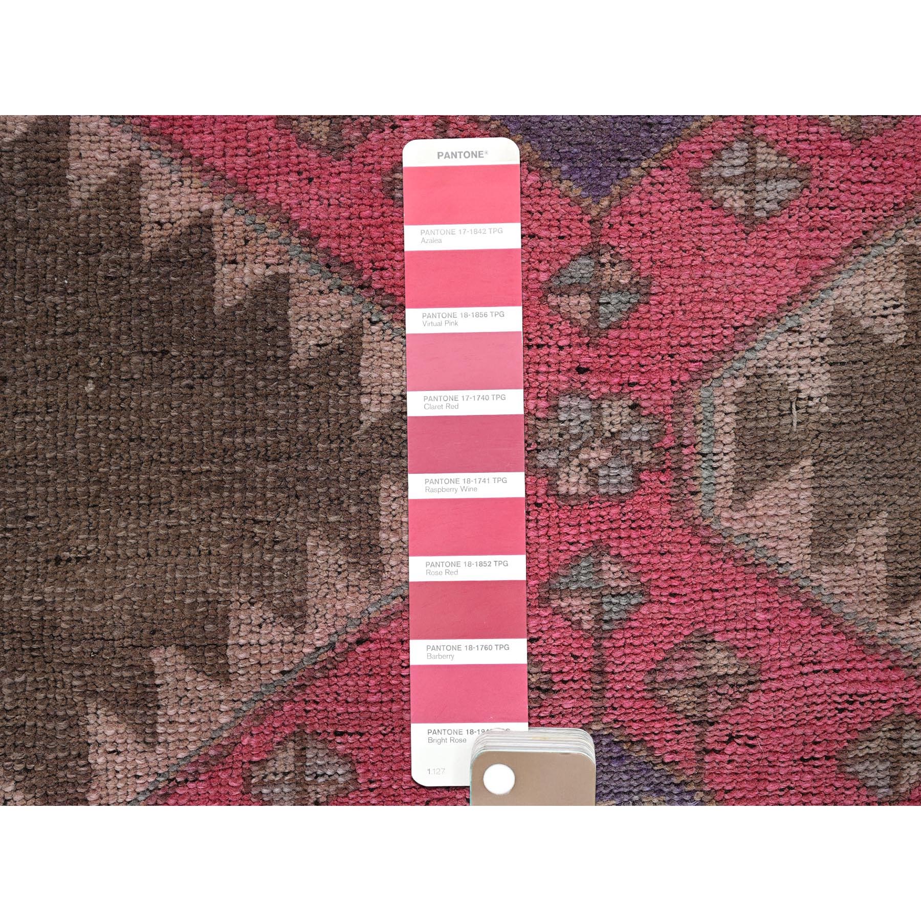 2'x11' Rose Pink, Vintage Northwest Persian with Geometric Pattern, Cropped Thin, Zero Pile, Even Wear, Sides and Ends Professionally Secured, Clean, Hand Knotted, Pure Wool, Narrow Runner, Oriental Rug Sh984