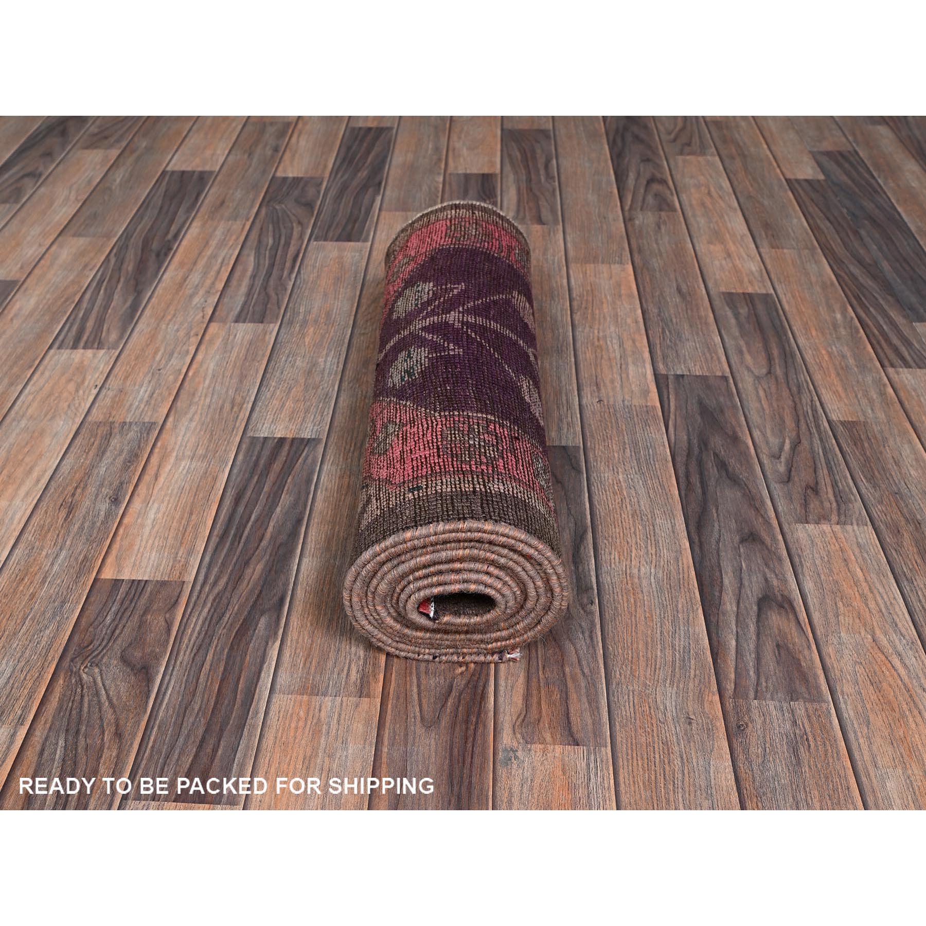 2'x11' Rose Pink, Vintage Northwest Persian with Geometric Pattern, Cropped Thin, Zero Pile, Even Wear, Sides and Ends Professionally Secured, Clean, Hand Knotted, Pure Wool, Narrow Runner, Oriental Rug Sh984