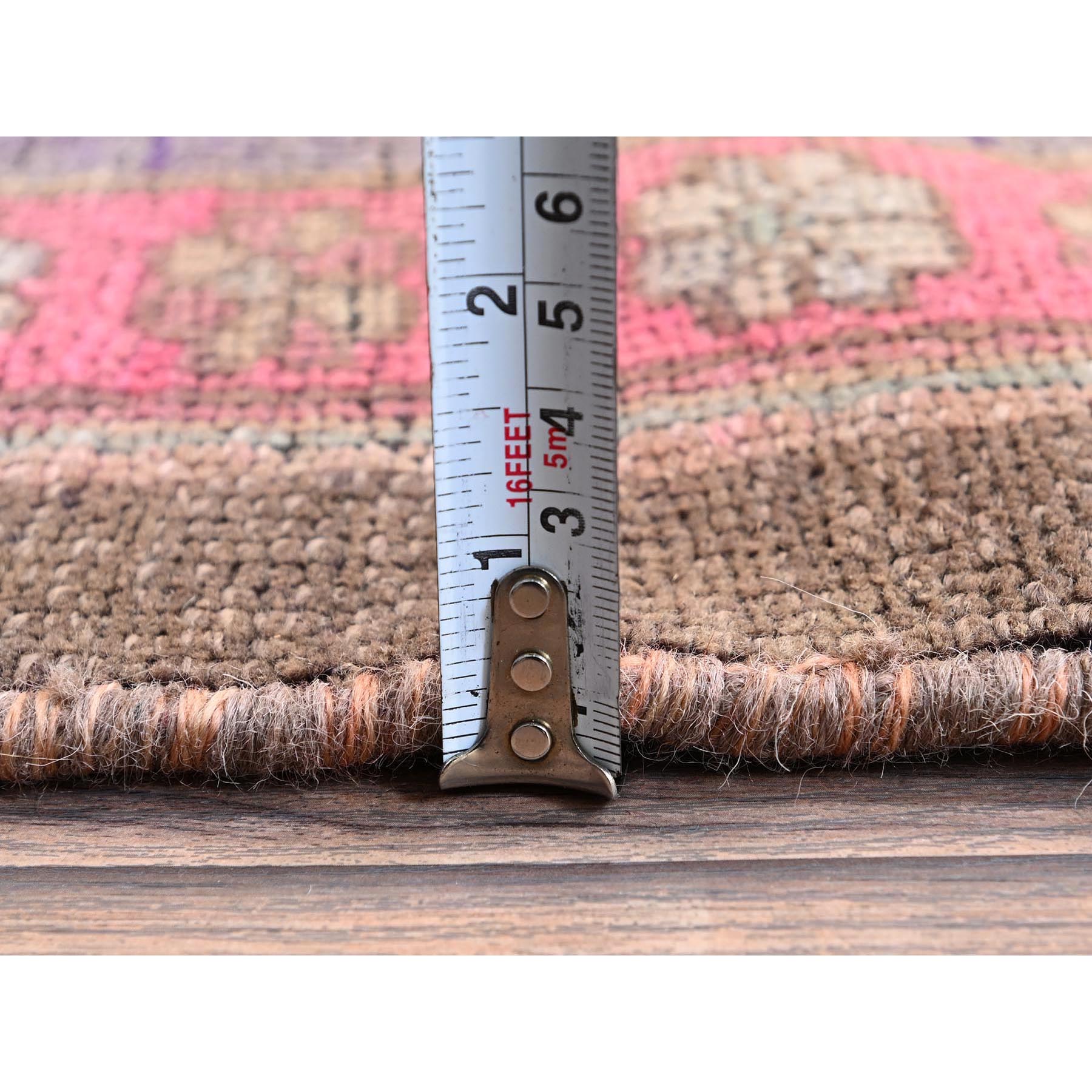 2'x11' Rose Pink, Vintage Northwest Persian with Geometric Pattern, Cropped Thin, Zero Pile, Even Wear, Sides and Ends Professionally Secured, Clean, Hand Knotted, Pure Wool, Narrow Runner, Oriental Rug Sh984