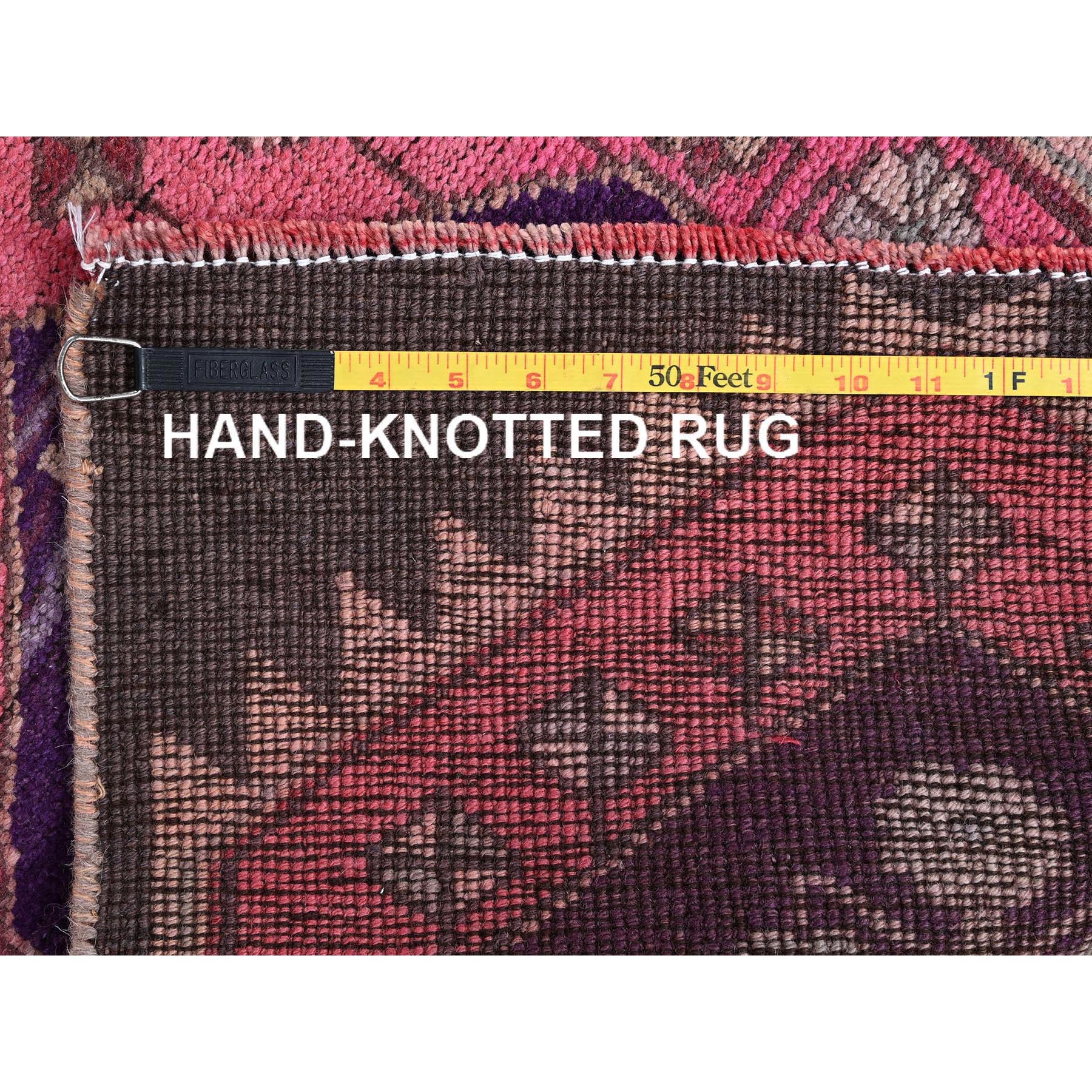 2'x11' Rose Pink, Vintage Northwest Persian with Geometric Pattern, Cropped Thin, Zero Pile, Even Wear, Sides and Ends Professionally Secured, Clean, Hand Knotted, Pure Wool, Narrow Runner, Oriental Rug Sh984