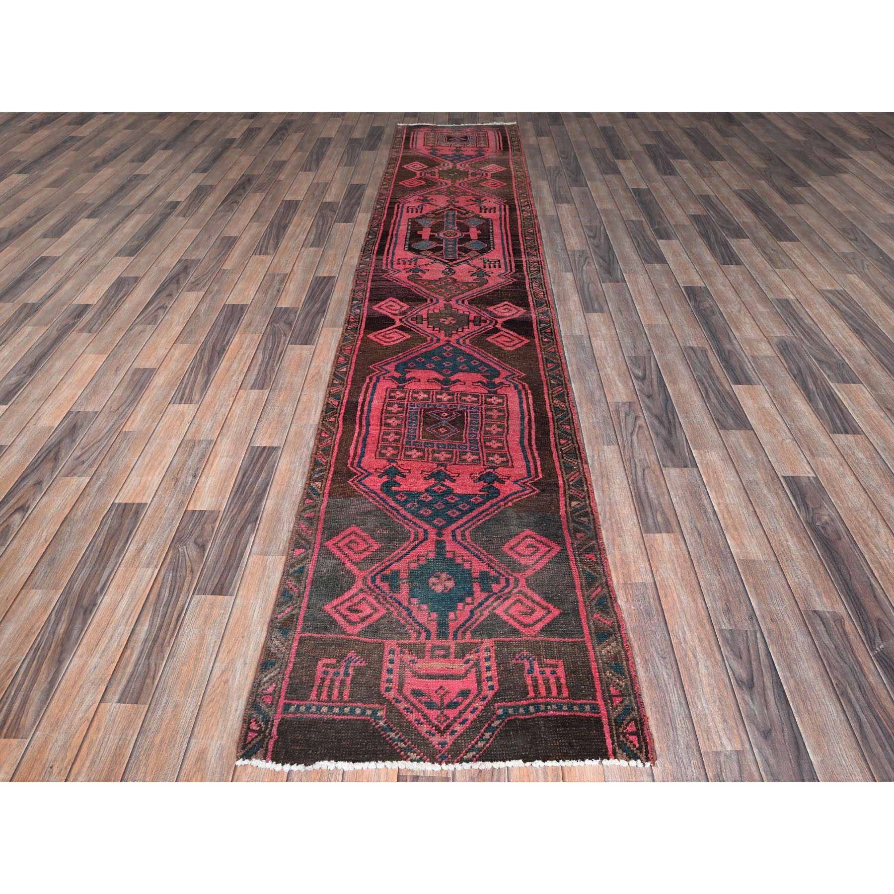 2'6"x12'4" Rouge Pink, Overdyed Vintage Persian Hamadan with Geometric Pattern, Worn and Distressed, Hand Knotted, 100% Wool, Cropped Thin, Zero Pile, Sides and Ends Professionally Secured, Clean, Runner, Oriental Rug Sh985
