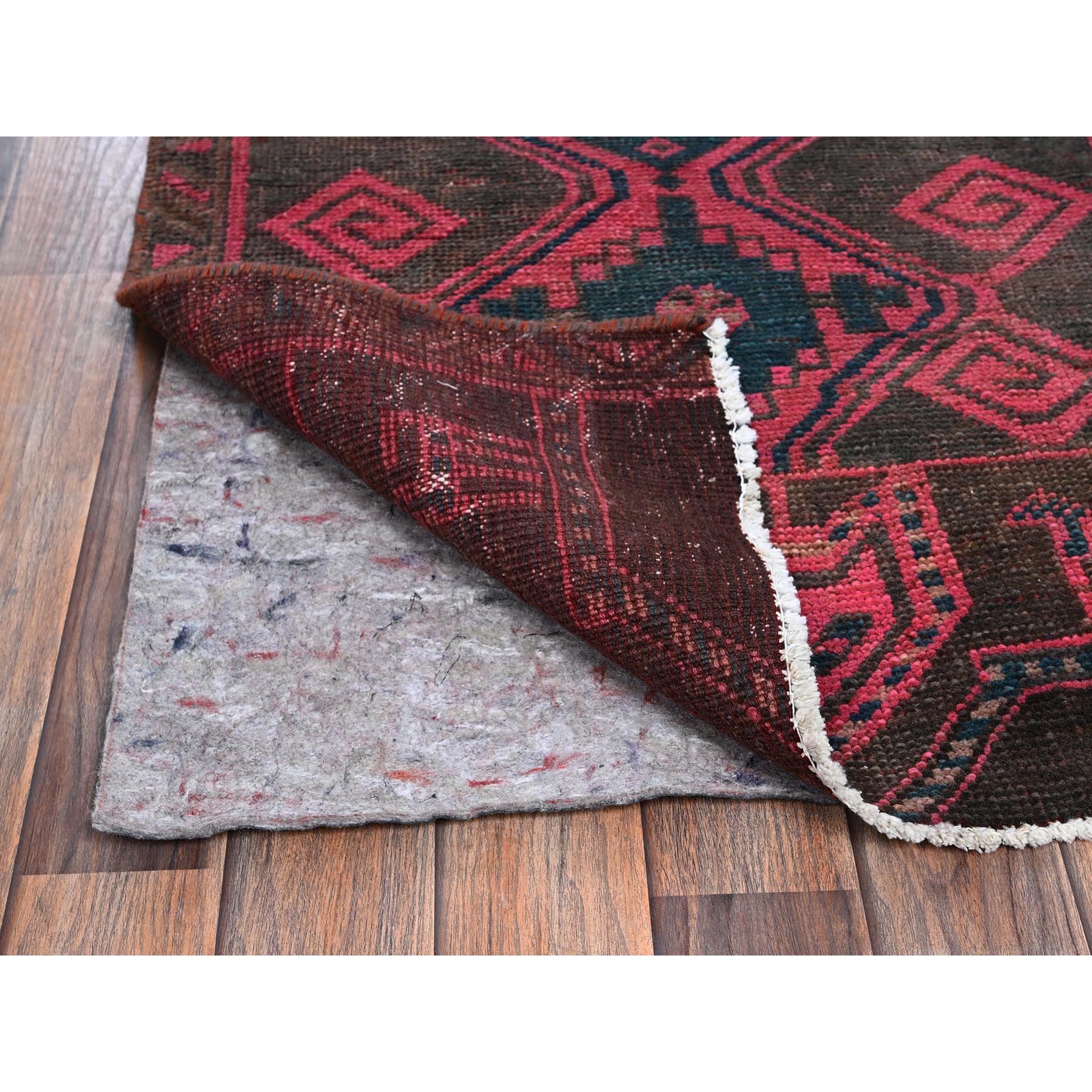 2'6"x12'4" Rouge Pink, Overdyed Vintage Persian Hamadan with Geometric Pattern, Worn and Distressed, Hand Knotted, 100% Wool, Cropped Thin, Zero Pile, Sides and Ends Professionally Secured, Clean, Runner, Oriental Rug Sh985