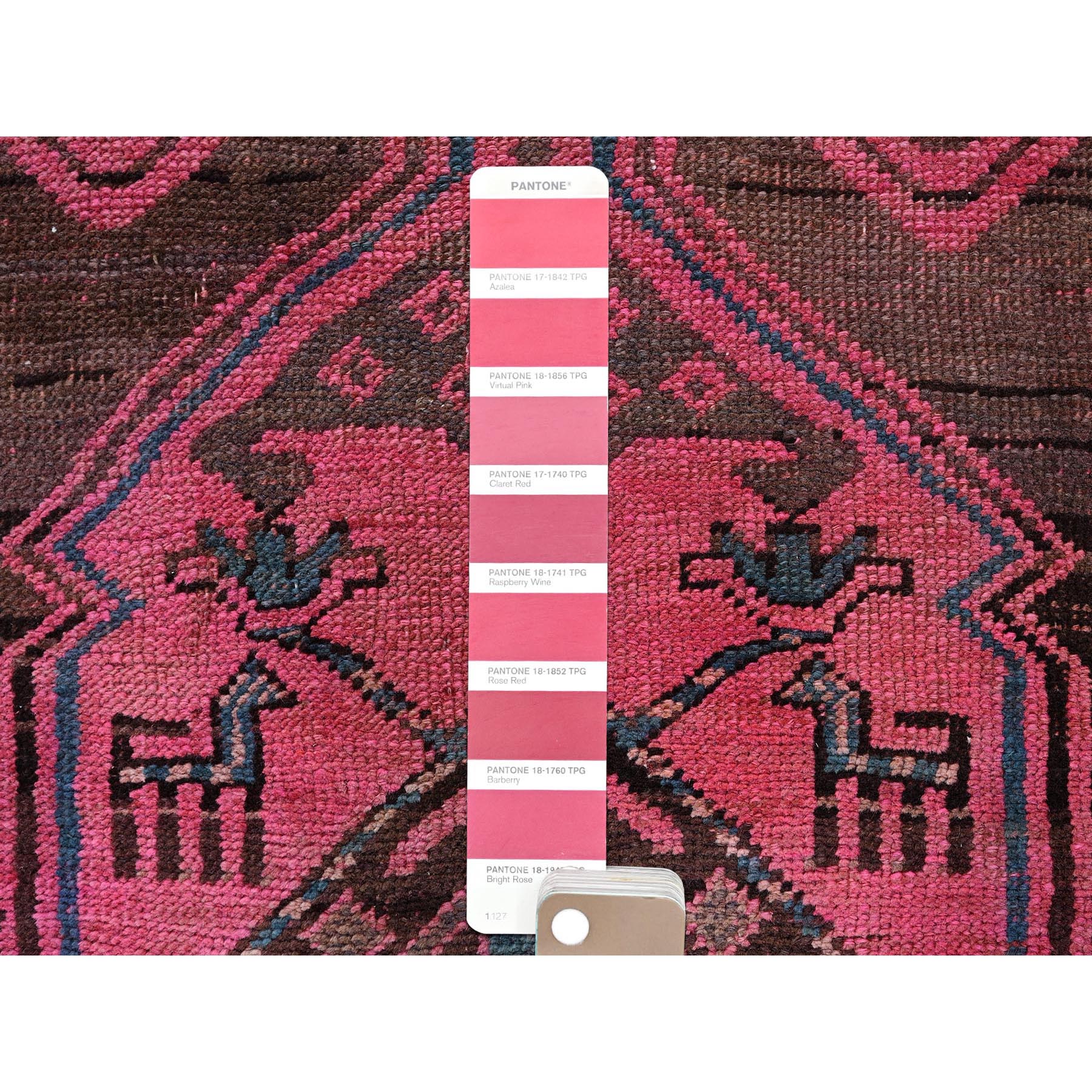 2'6"x12'4" Rouge Pink, Overdyed Vintage Persian Hamadan with Geometric Pattern, Worn and Distressed, Hand Knotted, 100% Wool, Cropped Thin, Zero Pile, Sides and Ends Professionally Secured, Clean, Runner, Oriental Rug Sh985