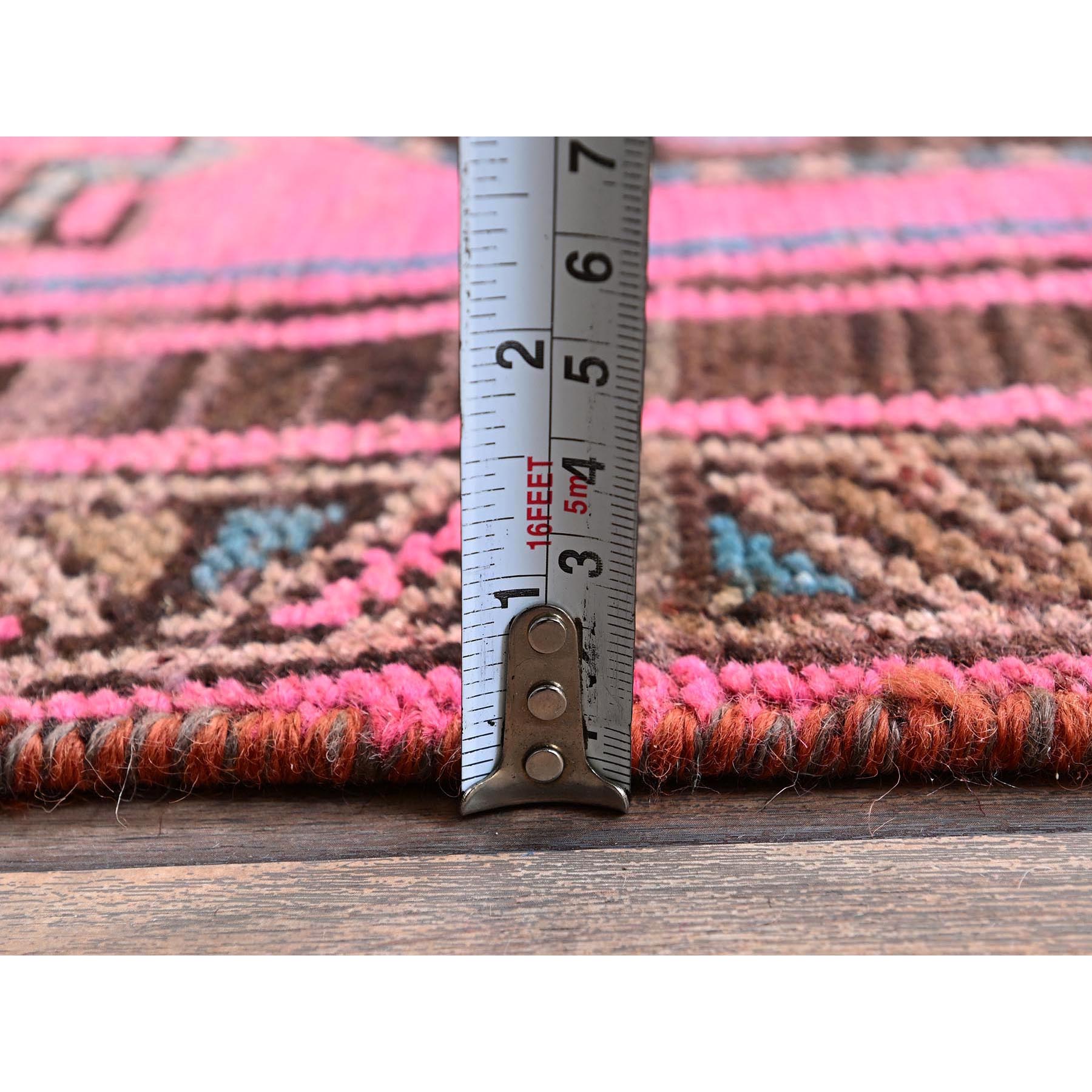 2'6"x12'4" Rouge Pink, Overdyed Vintage Persian Hamadan with Geometric Pattern, Worn and Distressed, Hand Knotted, 100% Wool, Cropped Thin, Zero Pile, Sides and Ends Professionally Secured, Clean, Runner, Oriental Rug Sh985