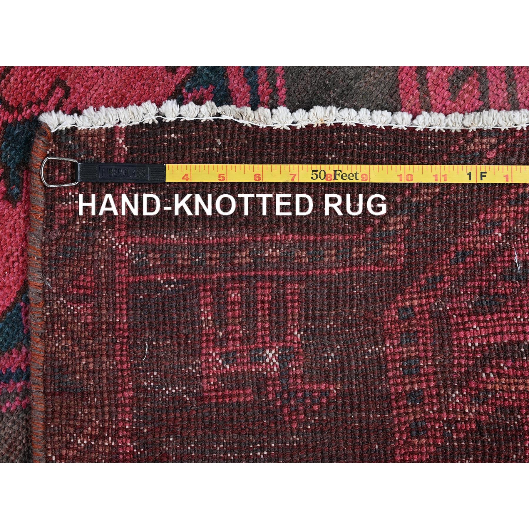 2'6"x12'4" Rouge Pink, Overdyed Vintage Persian Hamadan with Geometric Pattern, Worn and Distressed, Hand Knotted, 100% Wool, Cropped Thin, Zero Pile, Sides and Ends Professionally Secured, Clean, Runner, Oriental Rug Sh985