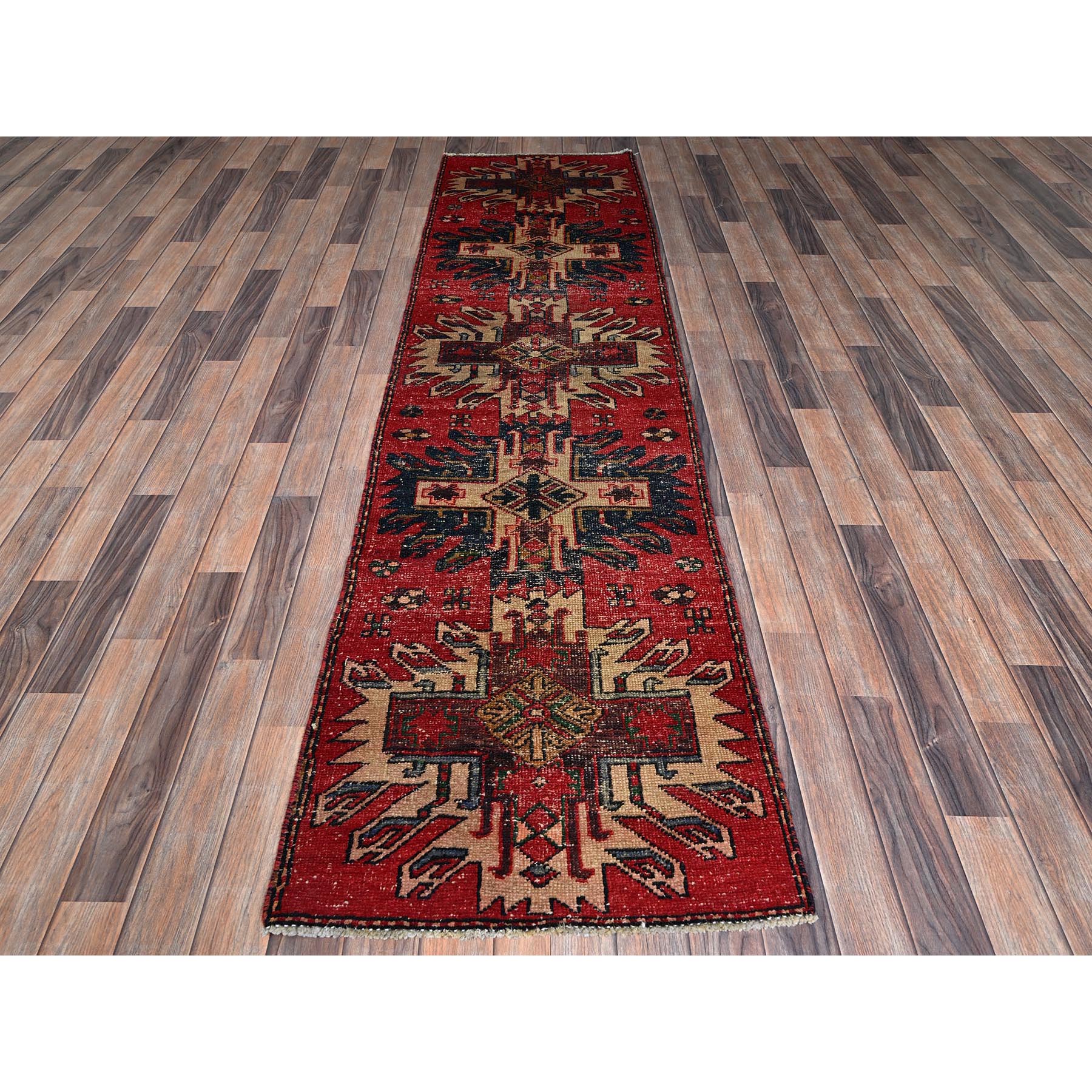 2'4"x9' Scarlet Red, Vintage Persian Karajeh with Geometric Medallions, Sheared Low, Zero Pile, Evenly Worn, Sides and Ends Professionally Secured, Clean, Hand Knotted, Pure Wool, Narrow Runner, Oriental Rug Sh986