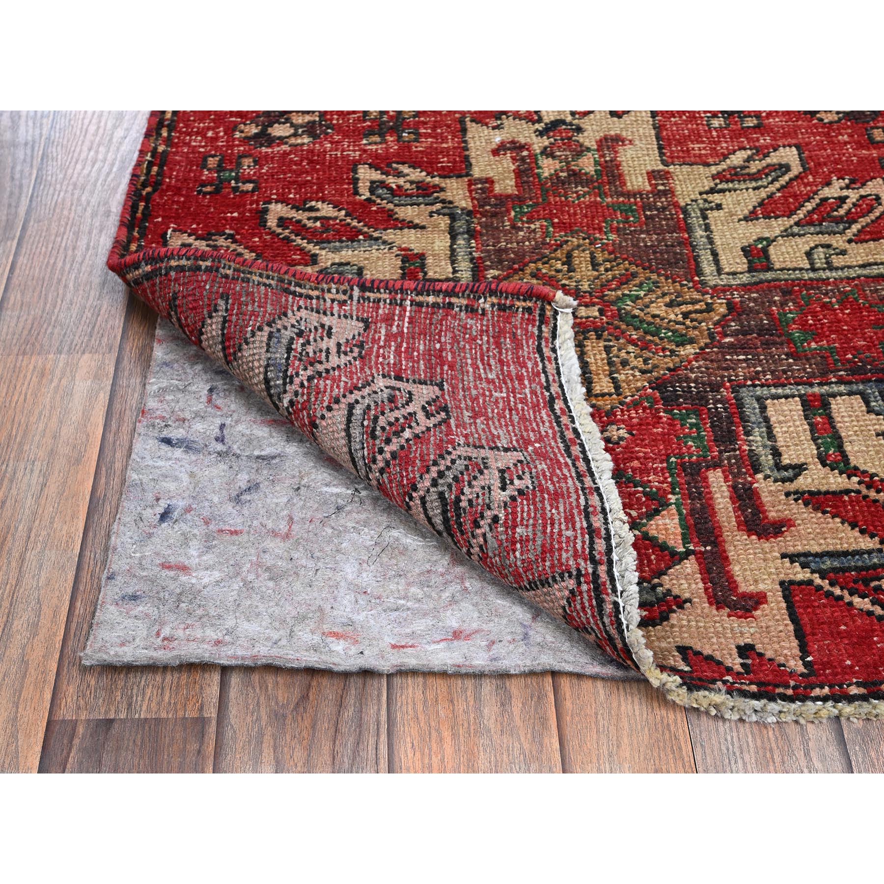 2'4"x9' Scarlet Red, Vintage Persian Karajeh with Geometric Medallions, Sheared Low, Zero Pile, Evenly Worn, Sides and Ends Professionally Secured, Clean, Hand Knotted, Pure Wool, Narrow Runner, Oriental Rug Sh986