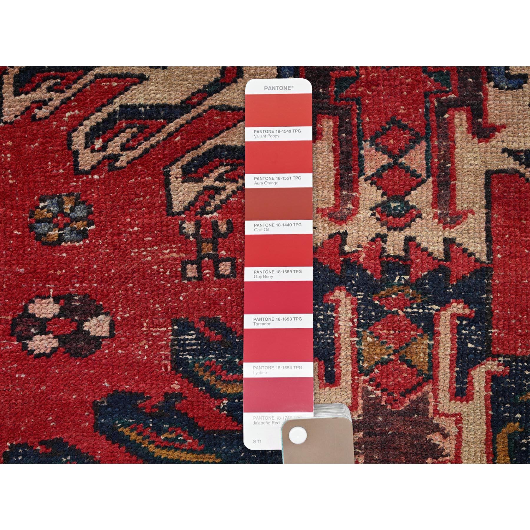 2'4"x9' Scarlet Red, Vintage Persian Karajeh with Geometric Medallions, Sheared Low, Zero Pile, Evenly Worn, Sides and Ends Professionally Secured, Clean, Hand Knotted, Pure Wool, Narrow Runner, Oriental Rug Sh986