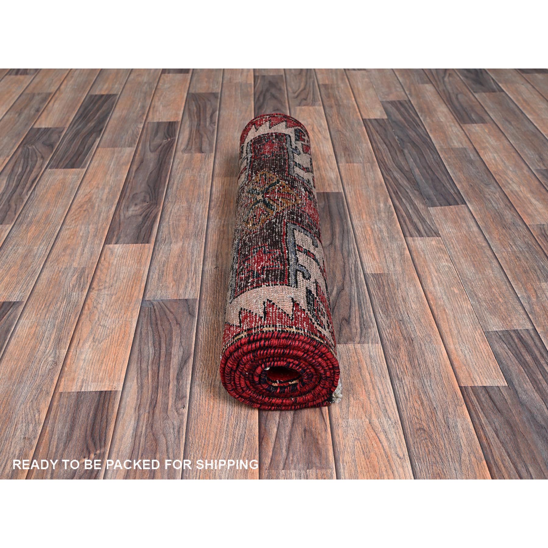 2'4"x9' Scarlet Red, Vintage Persian Karajeh with Geometric Medallions, Sheared Low, Zero Pile, Evenly Worn, Sides and Ends Professionally Secured, Clean, Hand Knotted, Pure Wool, Narrow Runner, Oriental Rug Sh986