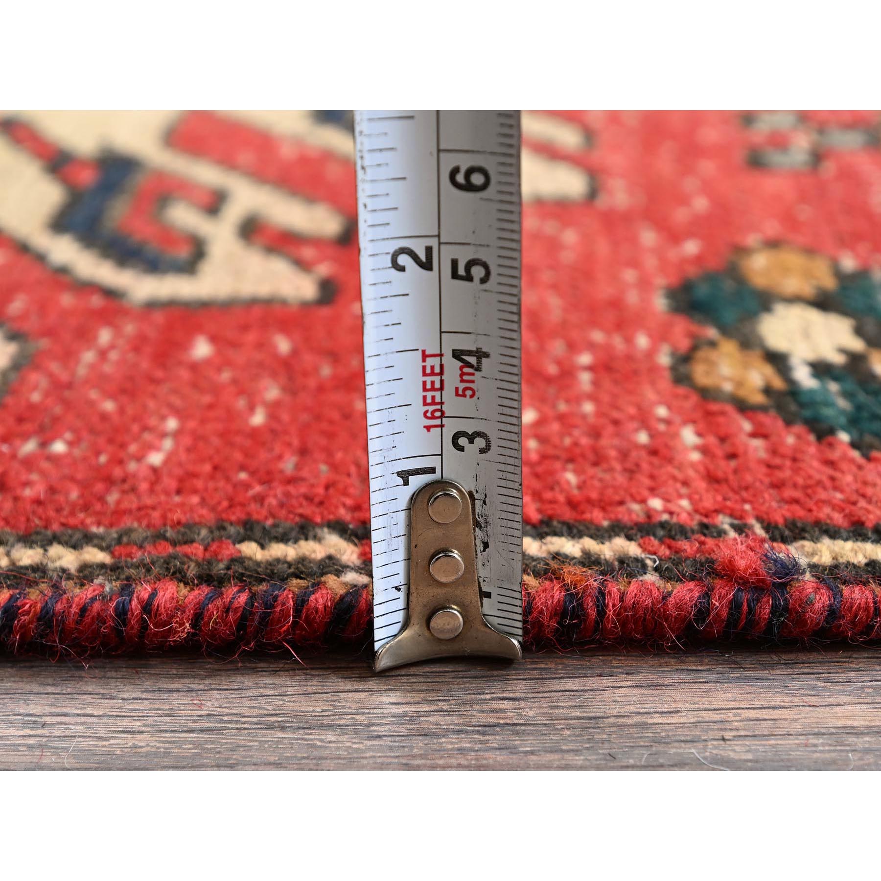 2'4"x9' Scarlet Red, Vintage Persian Karajeh with Geometric Medallions, Sheared Low, Zero Pile, Evenly Worn, Sides and Ends Professionally Secured, Clean, Hand Knotted, Pure Wool, Narrow Runner, Oriental Rug Sh986