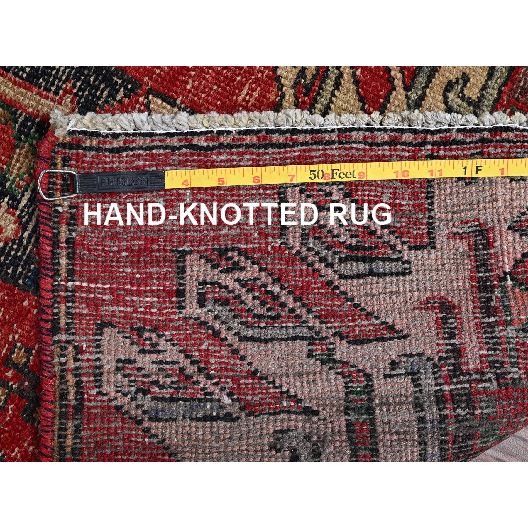 2'4"x9' Scarlet Red, Vintage Persian Karajeh with Geometric Medallions, Sheared Low, Zero Pile, Evenly Worn, Sides and Ends Professionally Secured, Clean, Hand Knotted, Pure Wool, Narrow Runner, Oriental Rug Sh986