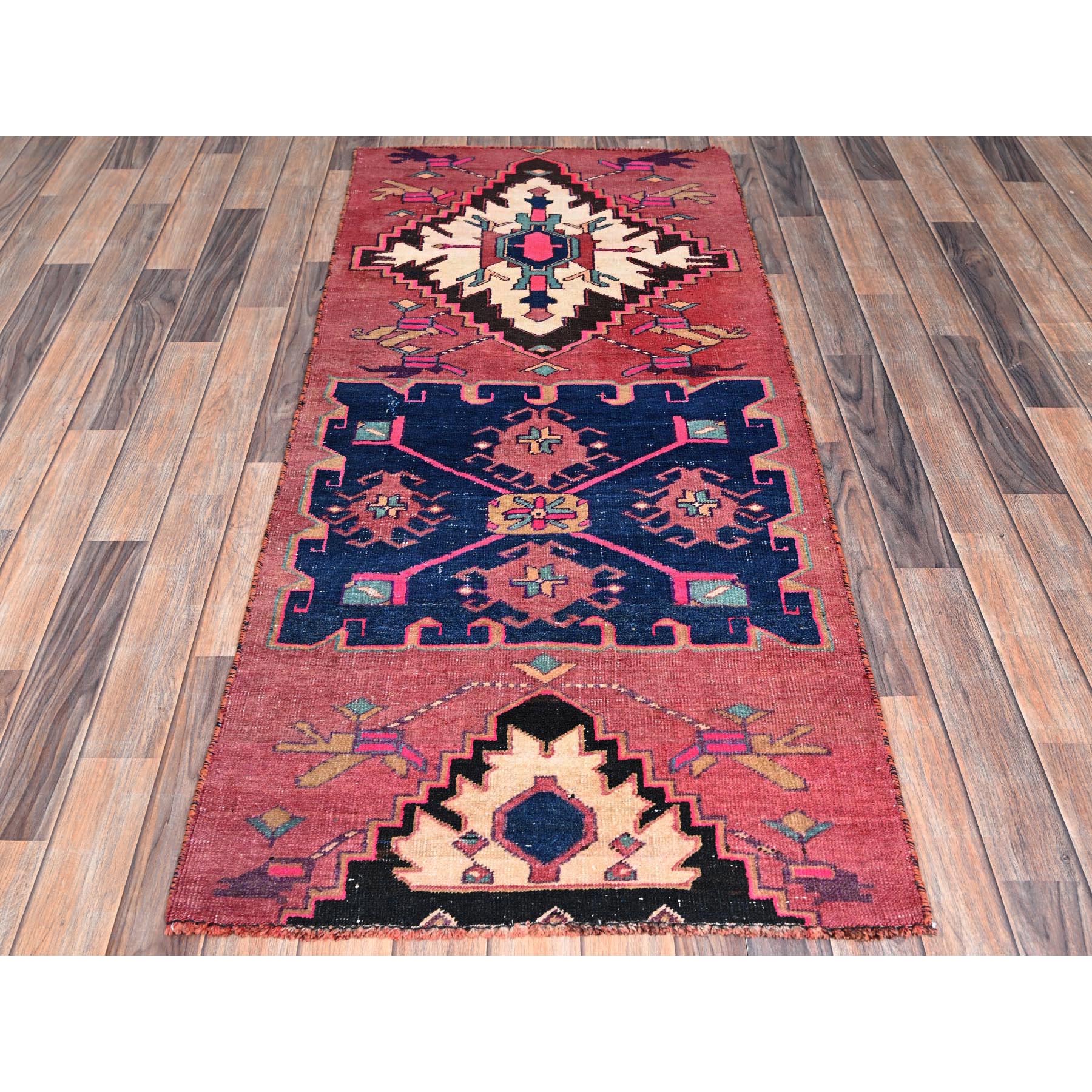 2'7"x6' Blush Red, Overdyed Vintage Persian Hamadan with Geometric Pattern, Worn and Distressed, Hand Knotted, 100% Wool, Cropped Thin, Zero Pile, Sides and Ends Professionally Secured, Fragment, Runner, Oriental Rug Sh987