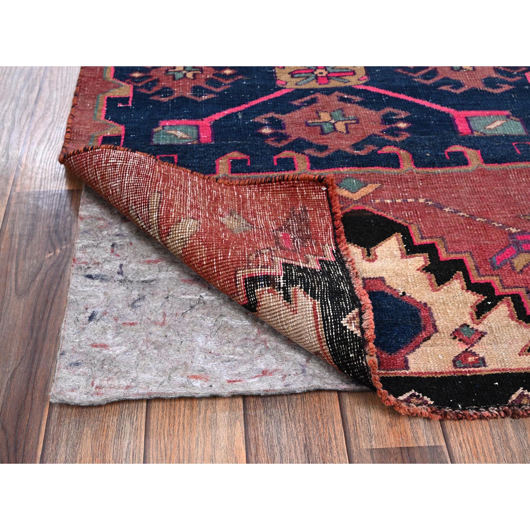 2'7"x6' Blush Red, Overdyed Vintage Persian Hamadan with Geometric Pattern, Worn and Distressed, Hand Knotted, 100% Wool, Cropped Thin, Zero Pile, Sides and Ends Professionally Secured, Fragment, Runner, Oriental Rug Sh987