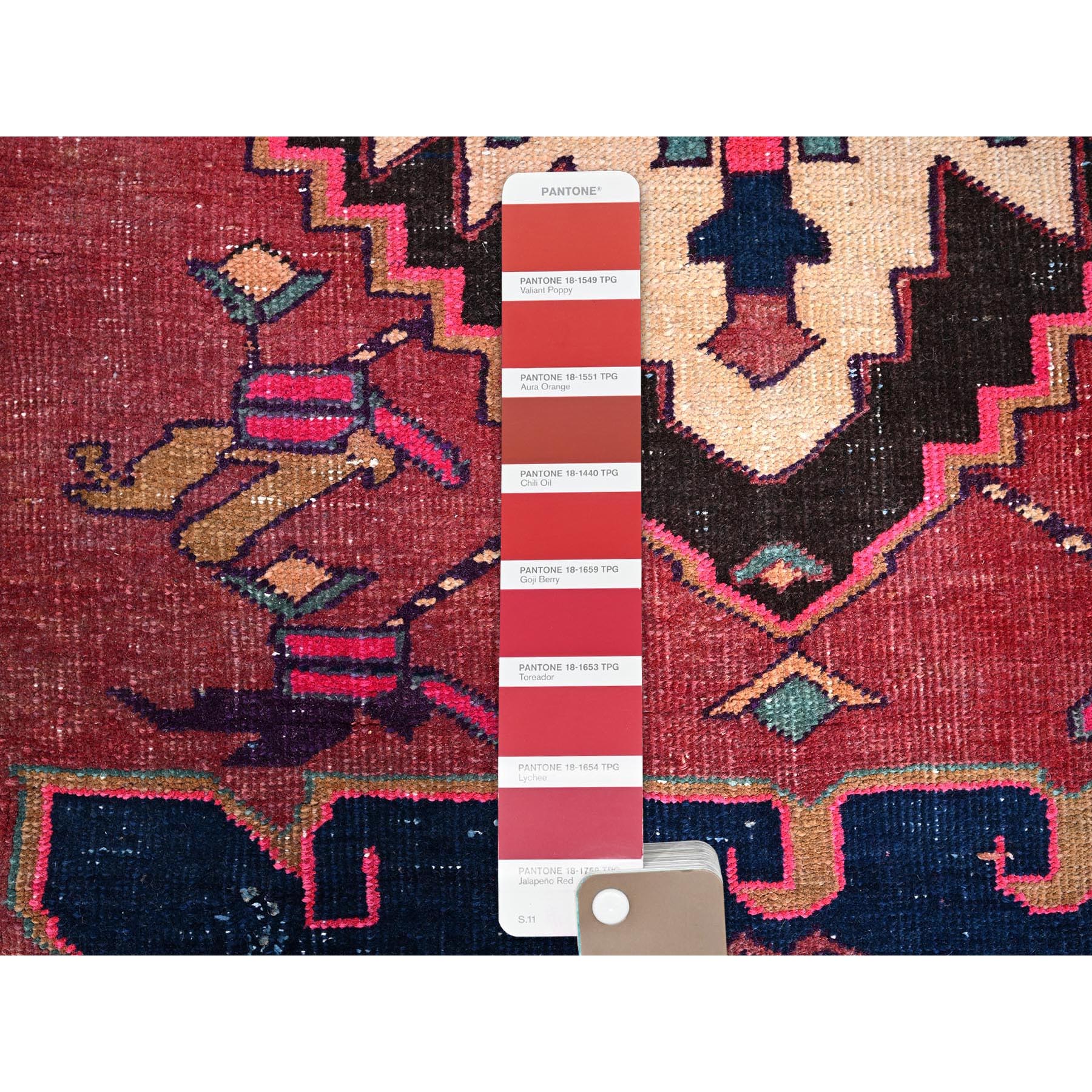 2'7"x6' Blush Red, Overdyed Vintage Persian Hamadan with Geometric Pattern, Worn and Distressed, Hand Knotted, 100% Wool, Cropped Thin, Zero Pile, Sides and Ends Professionally Secured, Fragment, Runner, Oriental Rug Sh987