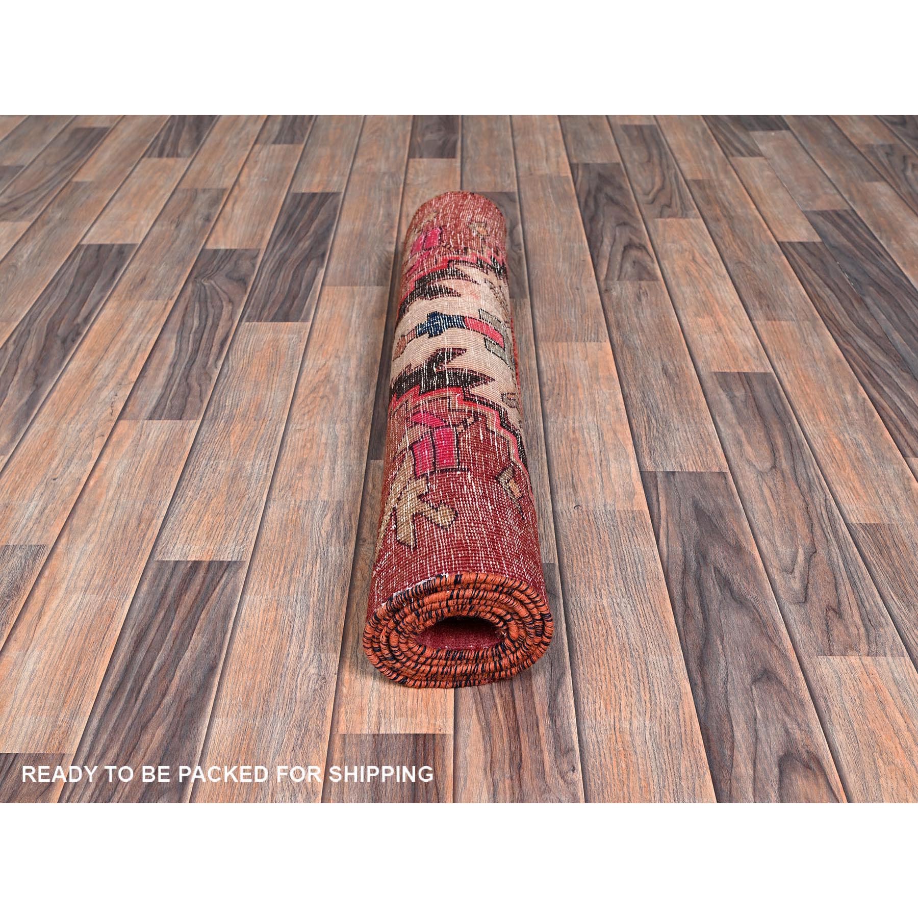 2'7"x6' Blush Red, Overdyed Vintage Persian Hamadan with Geometric Pattern, Worn and Distressed, Hand Knotted, 100% Wool, Cropped Thin, Zero Pile, Sides and Ends Professionally Secured, Fragment, Runner, Oriental Rug Sh987