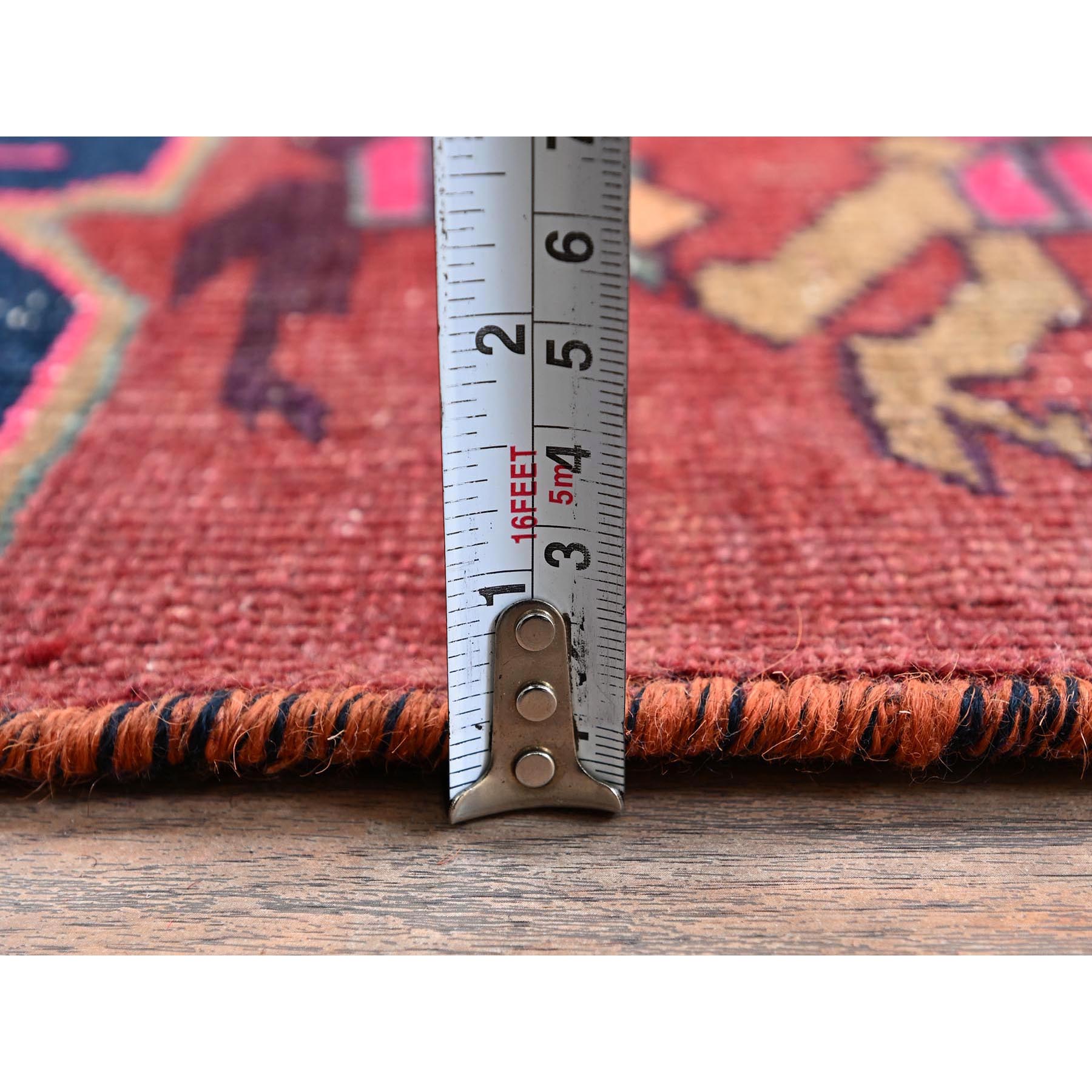 2'7"x6' Blush Red, Overdyed Vintage Persian Hamadan with Geometric Pattern, Worn and Distressed, Hand Knotted, 100% Wool, Cropped Thin, Zero Pile, Sides and Ends Professionally Secured, Fragment, Runner, Oriental Rug Sh987