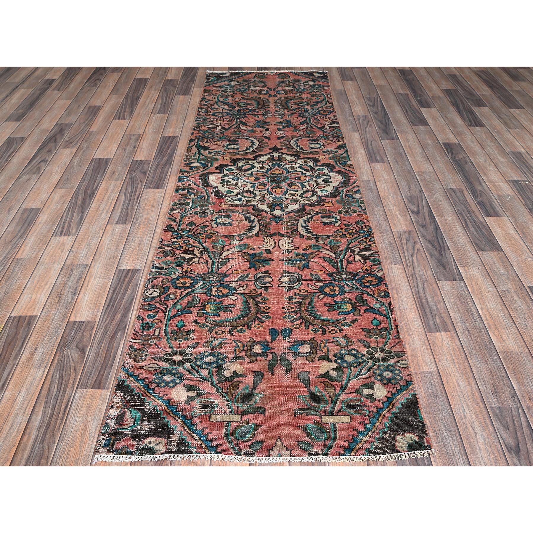 2'8"x8'3" Blush Red, Vintage Persian Lilahan with Medallion Design, Sheared Low, Zero Pile, Evenly Worn, Sides and Ends Professionally Secured, Clean, Hand Knotted, Pure Wool, Fragment Runner, Oriental Rug Sh988
