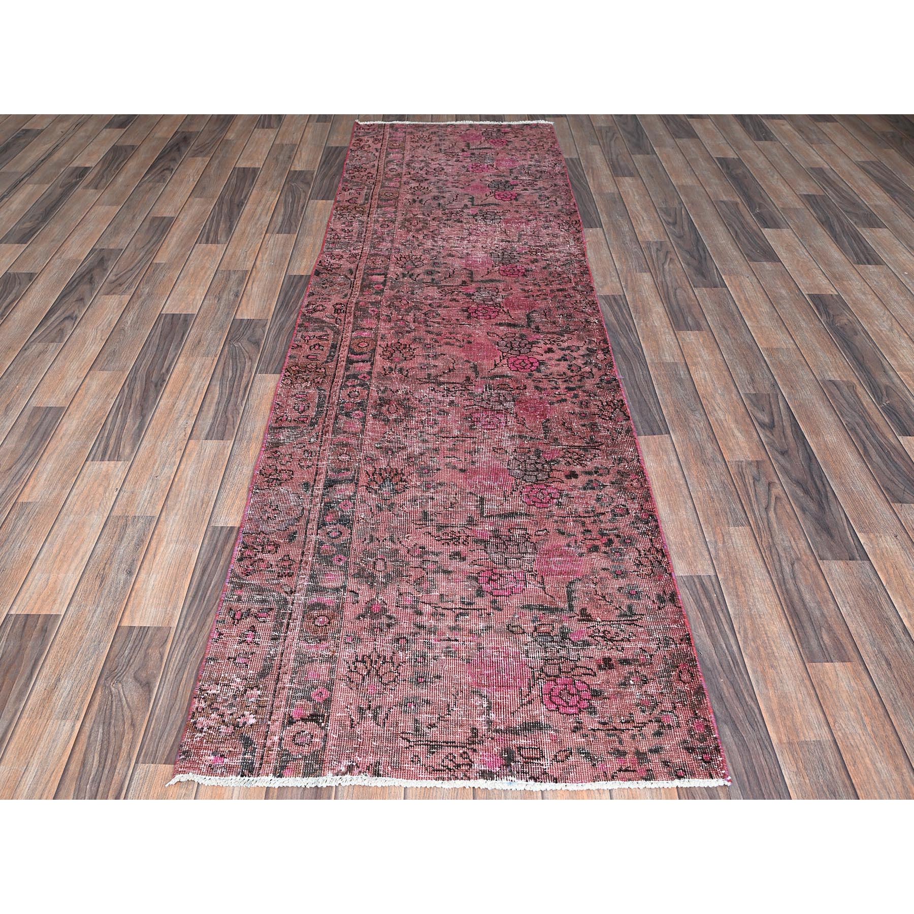 2'7"x8'10" Rouge Pink, Overdyed Vintage Persian Tabriz, Shaved Down, Zero Pile, Distressed and Worn, Sides and Ends Professionally Secured, Hand Knotted, Pure Wool, Fragment Runner, Oriental Rug Sh990
