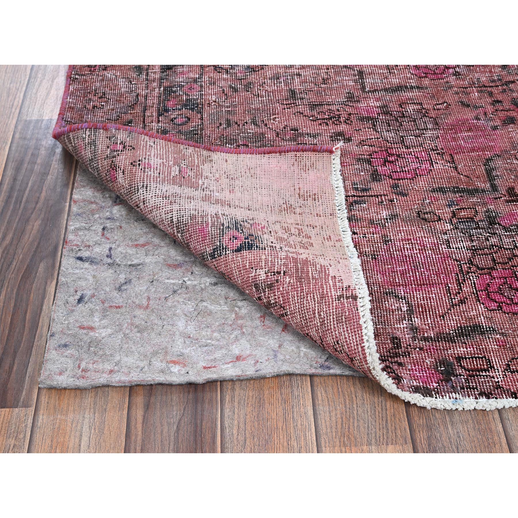 2'7"x8'10" Rouge Pink, Overdyed Vintage Persian Tabriz, Shaved Down, Zero Pile, Distressed and Worn, Sides and Ends Professionally Secured, Hand Knotted, Pure Wool, Fragment Runner, Oriental Rug Sh990