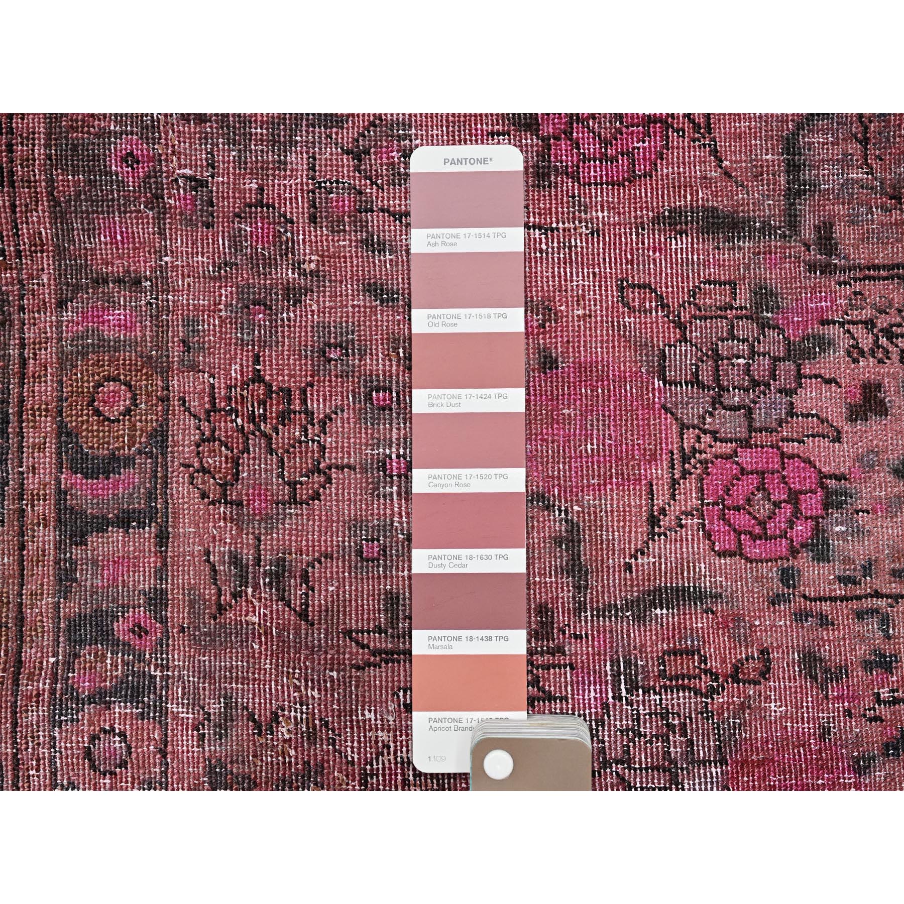 2'7"x8'10" Rouge Pink, Overdyed Vintage Persian Tabriz, Shaved Down, Zero Pile, Distressed and Worn, Sides and Ends Professionally Secured, Hand Knotted, Pure Wool, Fragment Runner, Oriental Rug Sh990