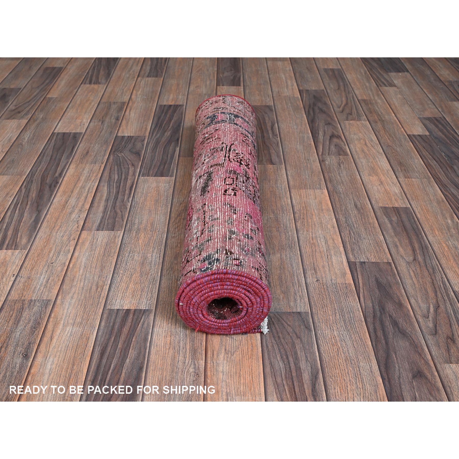 2'7"x8'10" Rouge Pink, Overdyed Vintage Persian Tabriz, Shaved Down, Zero Pile, Distressed and Worn, Sides and Ends Professionally Secured, Hand Knotted, Pure Wool, Fragment Runner, Oriental Rug Sh990