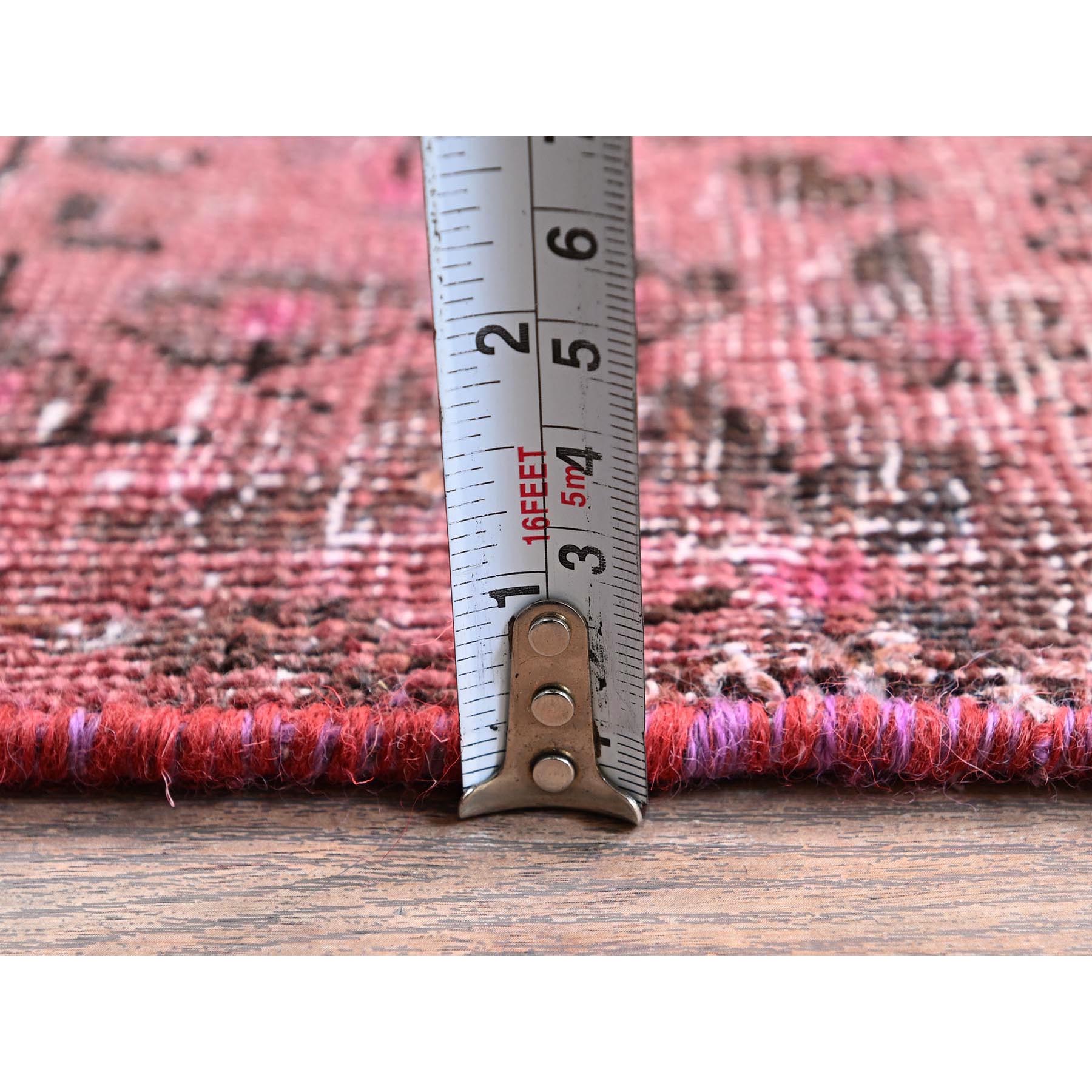 2'7"x8'10" Rouge Pink, Overdyed Vintage Persian Tabriz, Shaved Down, Zero Pile, Distressed and Worn, Sides and Ends Professionally Secured, Hand Knotted, Pure Wool, Fragment Runner, Oriental Rug Sh990
