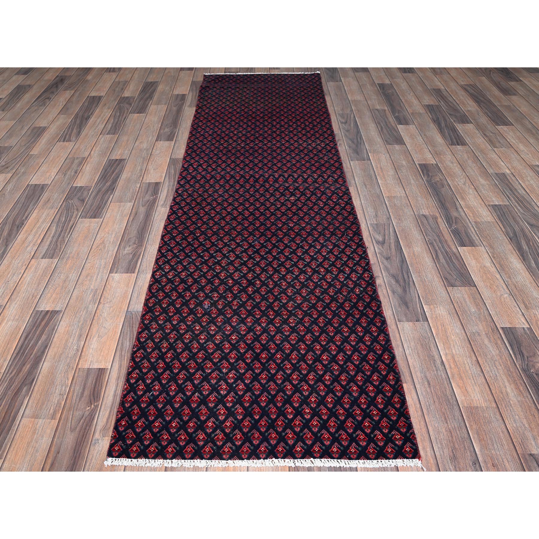 2'4"x8'4" Spruce Blue with Wine Red, Vintage Persian Tabriz with Small and Intricate All Over Paisley Design, Shaved Down, Zero Pile, Sides and Ends Professionally Secured, Clean, Hand Knotted, Pure Wool, Narrow Runner, Oriental Rug Sh991