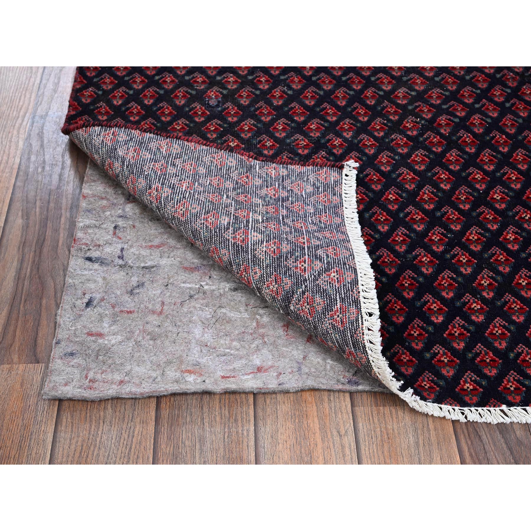 2'4"x8'4" Spruce Blue with Wine Red, Vintage Persian Tabriz with Small and Intricate All Over Paisley Design, Shaved Down, Zero Pile, Sides and Ends Professionally Secured, Clean, Hand Knotted, Pure Wool, Narrow Runner, Oriental Rug Sh991