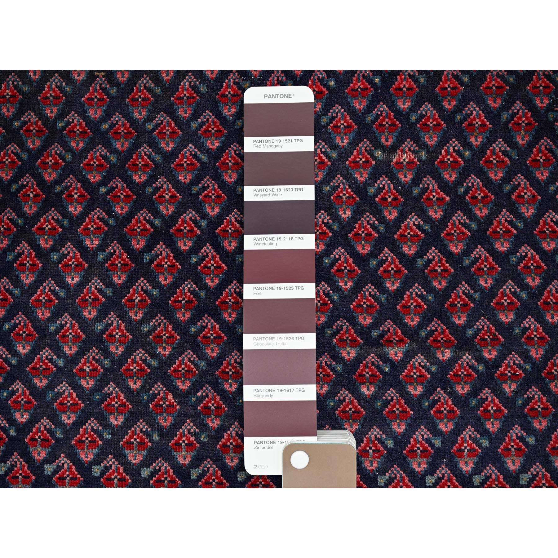 2'4"x8'4" Spruce Blue with Wine Red, Vintage Persian Tabriz with Small and Intricate All Over Paisley Design, Shaved Down, Zero Pile, Sides and Ends Professionally Secured, Clean, Hand Knotted, Pure Wool, Narrow Runner, Oriental Rug Sh991