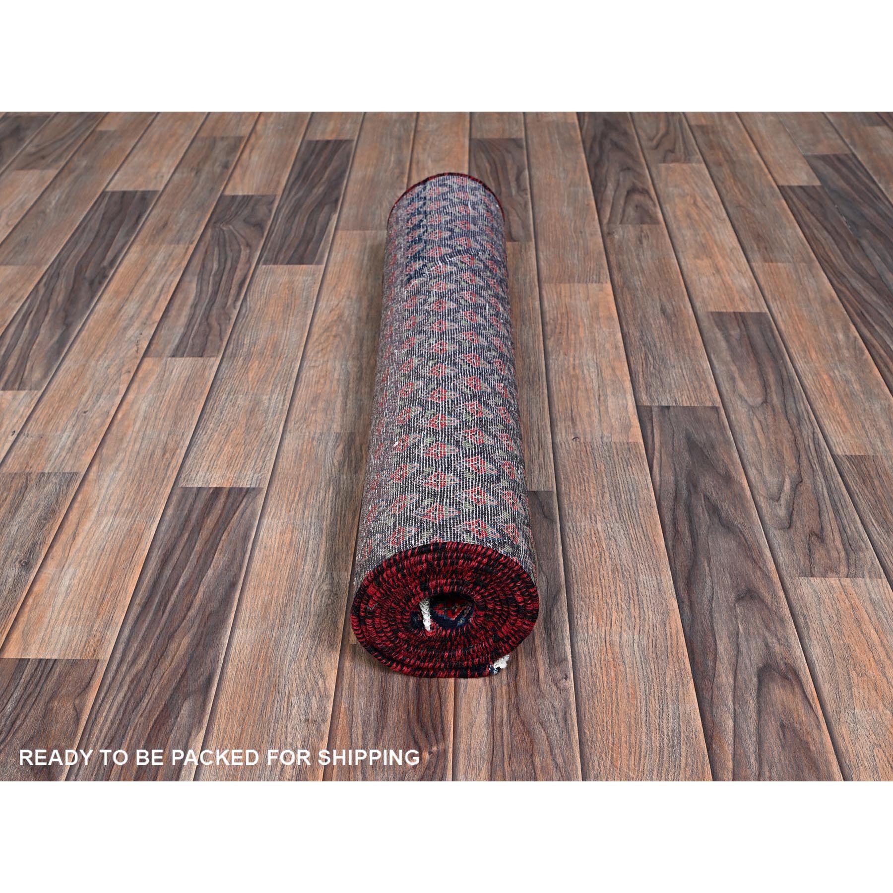 2'4"x8'4" Spruce Blue with Wine Red, Vintage Persian Tabriz with Small and Intricate All Over Paisley Design, Shaved Down, Zero Pile, Sides and Ends Professionally Secured, Clean, Hand Knotted, Pure Wool, Narrow Runner, Oriental Rug Sh991