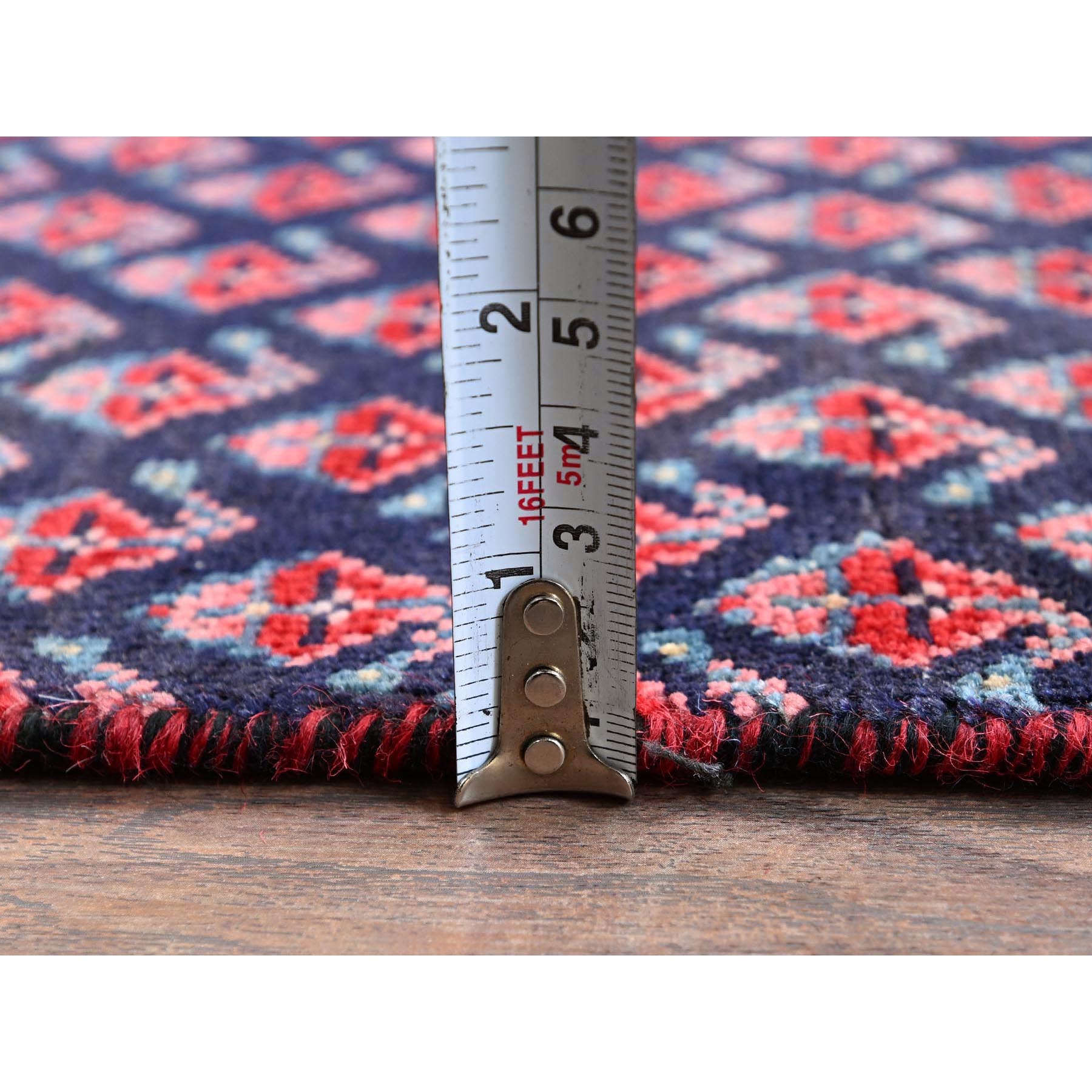 2'4"x8'4" Spruce Blue with Wine Red, Vintage Persian Tabriz with Small and Intricate All Over Paisley Design, Shaved Down, Zero Pile, Sides and Ends Professionally Secured, Clean, Hand Knotted, Pure Wool, Narrow Runner, Oriental Rug Sh991