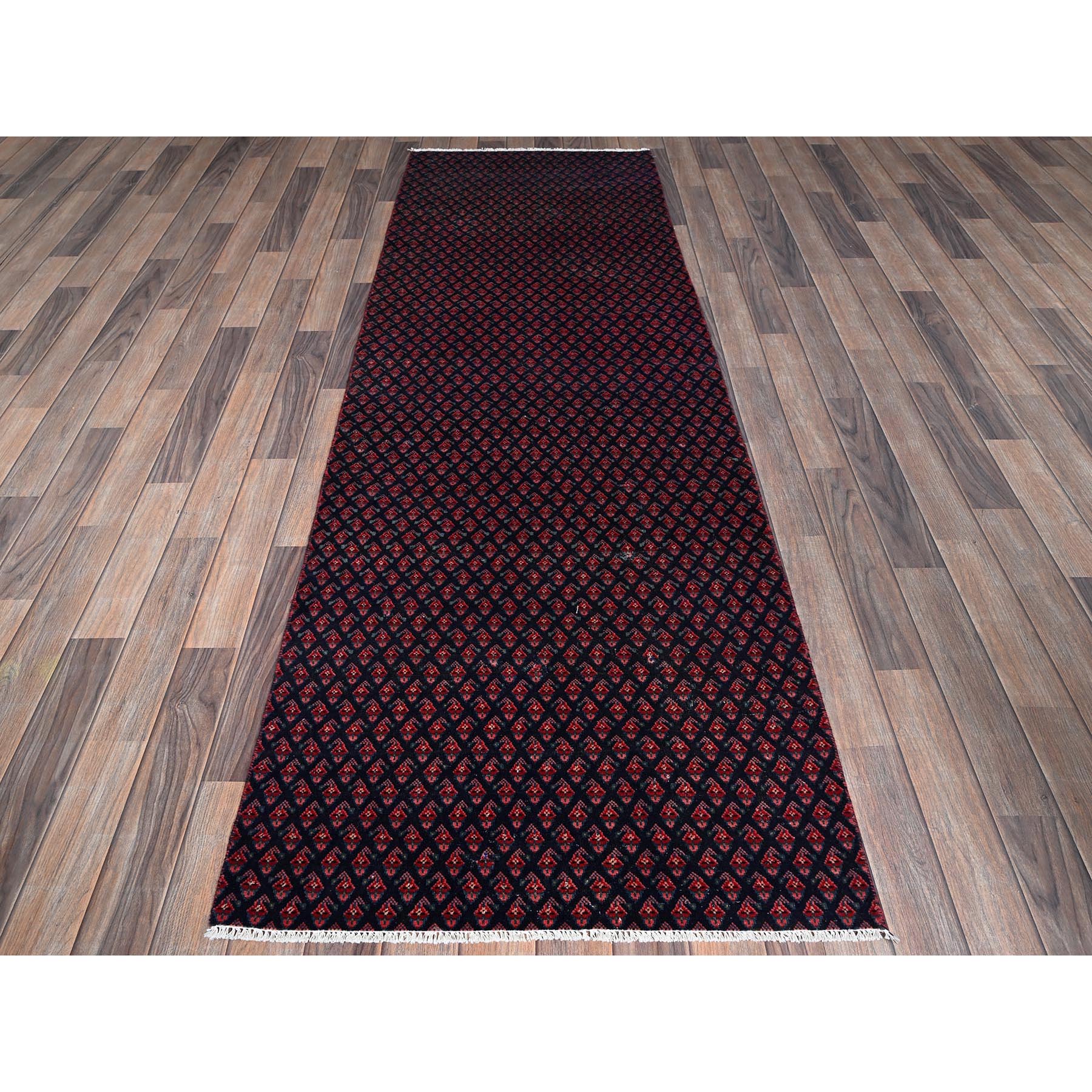 2'9"x8'4" Midnight Blue with Wine Red, Vintage Persian Tabriz with Small and Intricate All Over Paisley Design, Cropped Thin, Zero Pile, Sides and Ends Professionally Secured, Clean, Hand Knotted, Pure Wool, Runner, Oriental Rug Sh992