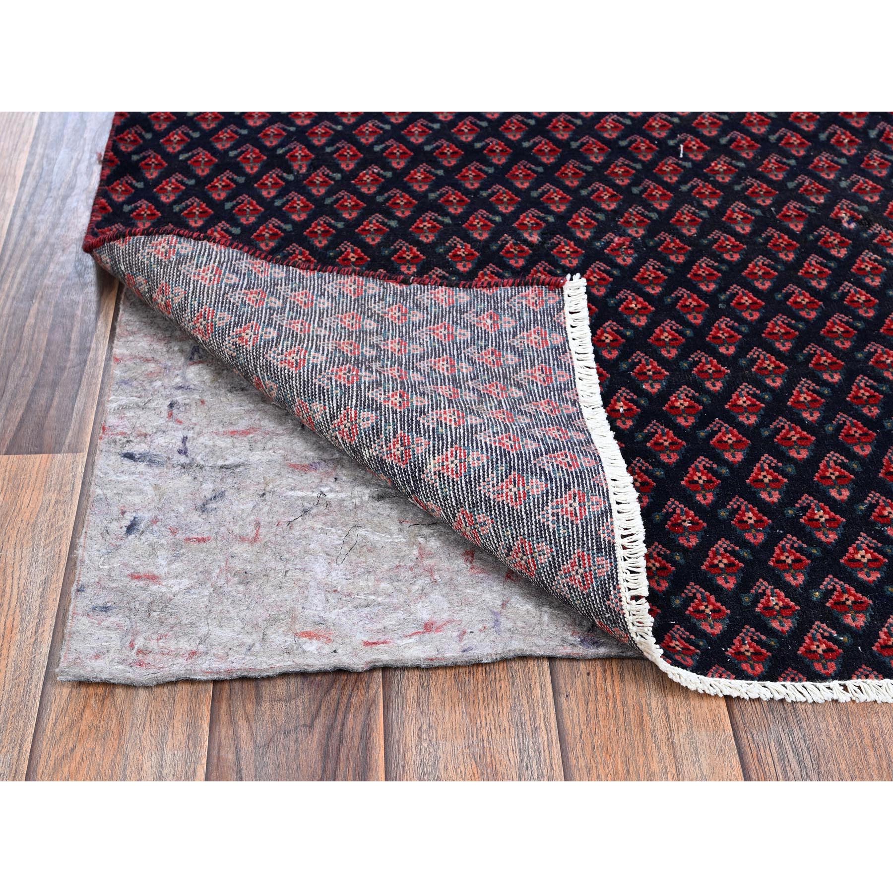 2'9"x8'4" Midnight Blue with Wine Red, Vintage Persian Tabriz with Small and Intricate All Over Paisley Design, Cropped Thin, Zero Pile, Sides and Ends Professionally Secured, Clean, Hand Knotted, Pure Wool, Runner, Oriental Rug Sh992