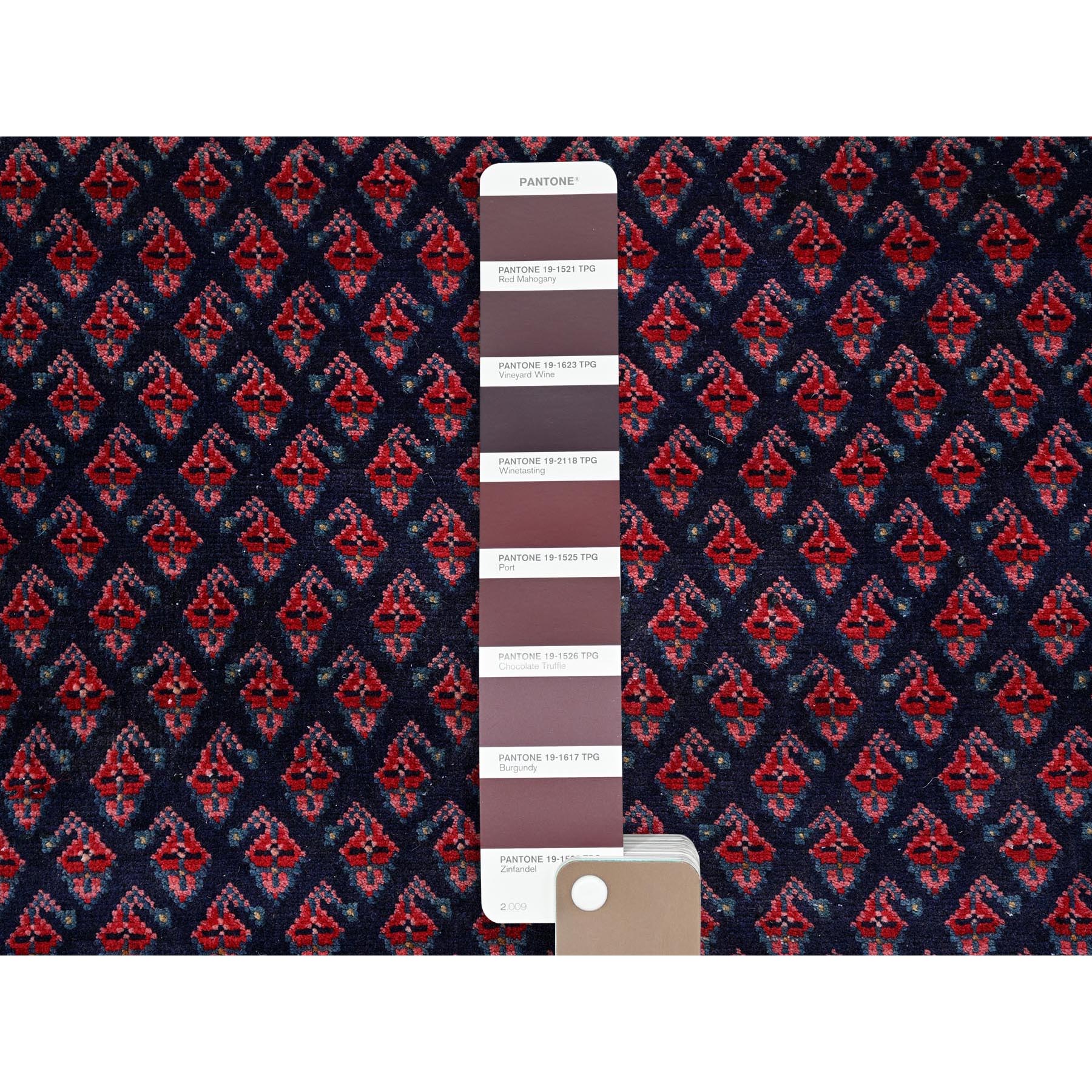 2'9"x8'4" Midnight Blue with Wine Red, Vintage Persian Tabriz with Small and Intricate All Over Paisley Design, Cropped Thin, Zero Pile, Sides and Ends Professionally Secured, Clean, Hand Knotted, Pure Wool, Runner, Oriental Rug Sh992