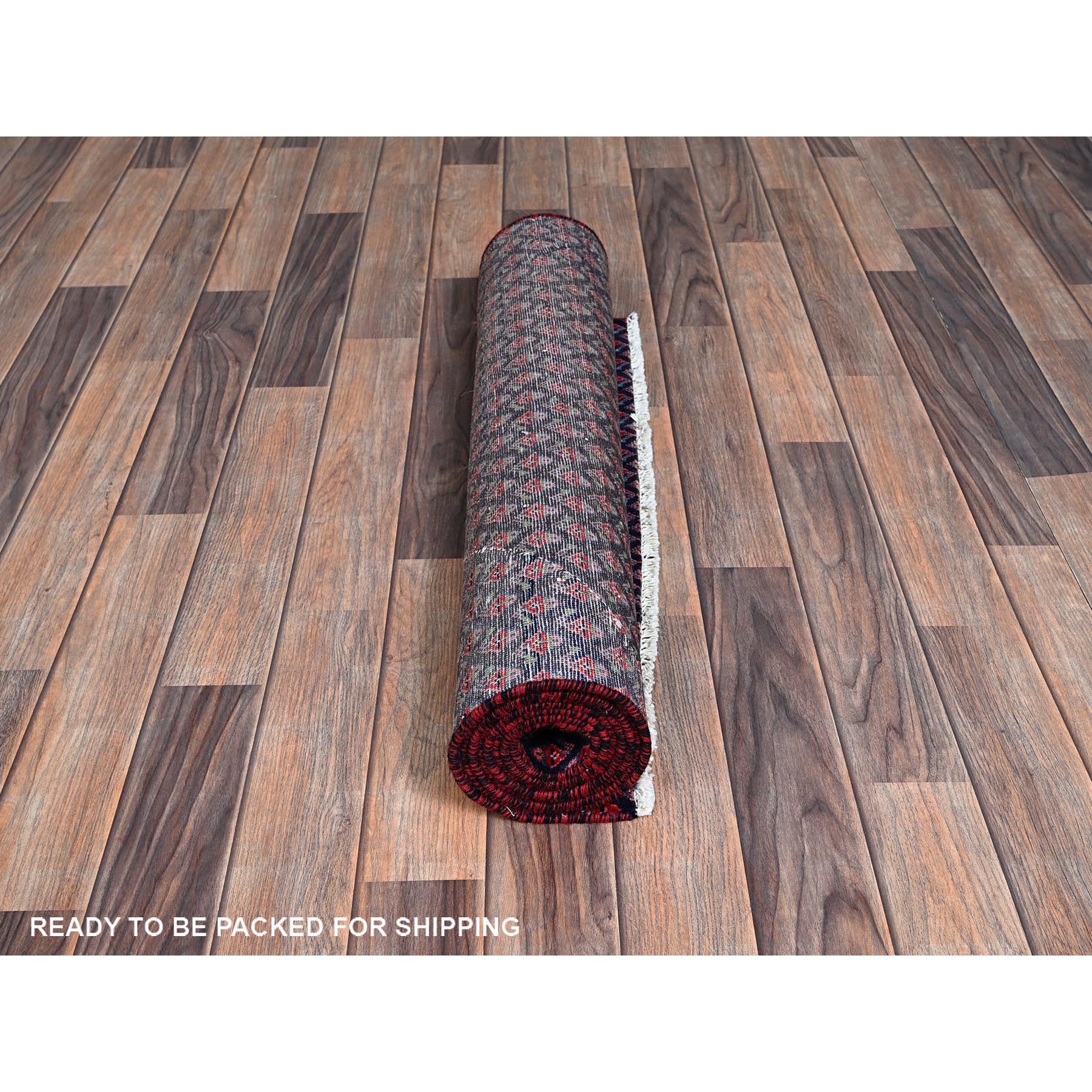 2'9"x8'4" Midnight Blue with Wine Red, Vintage Persian Tabriz with Small and Intricate All Over Paisley Design, Cropped Thin, Zero Pile, Sides and Ends Professionally Secured, Clean, Hand Knotted, Pure Wool, Runner, Oriental Rug Sh992