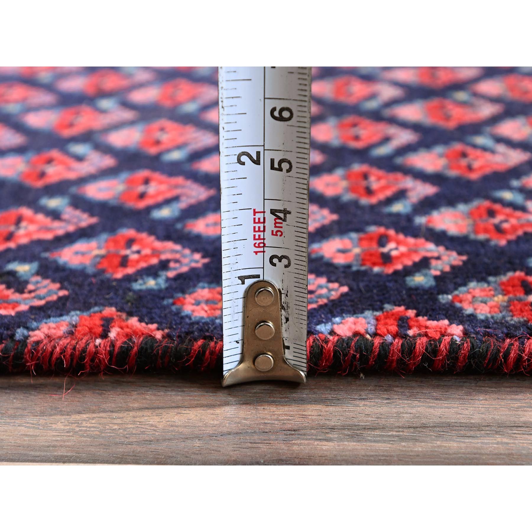 2'9"x8'4" Midnight Blue with Wine Red, Vintage Persian Tabriz with Small and Intricate All Over Paisley Design, Cropped Thin, Zero Pile, Sides and Ends Professionally Secured, Clean, Hand Knotted, Pure Wool, Runner, Oriental Rug Sh992